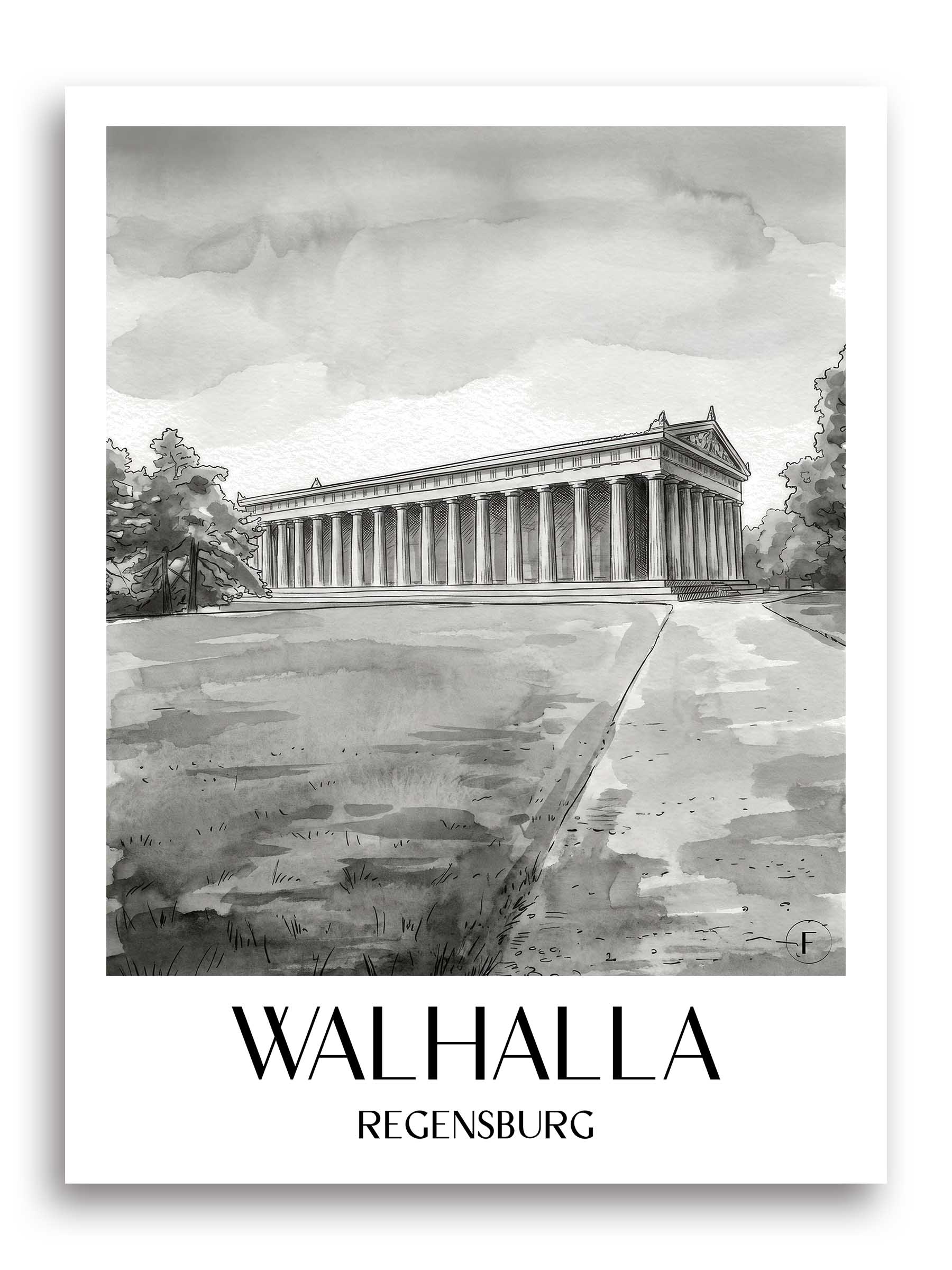 walhalla-regensburg-deutschland-poster-aquarell-schwarz-weiss