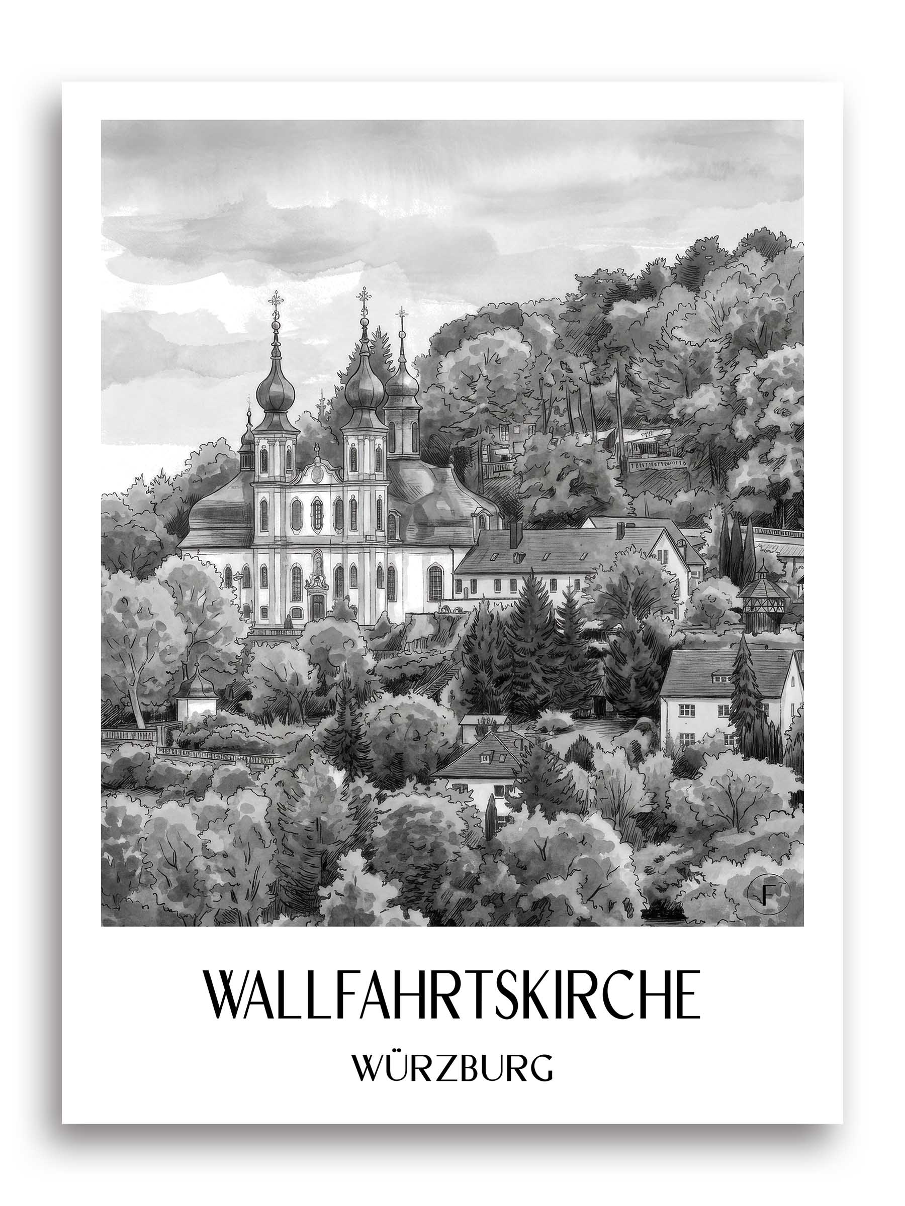 wallfahrtskirche-würzburg-deutschland-poster-aquarell-schwarz-weiss