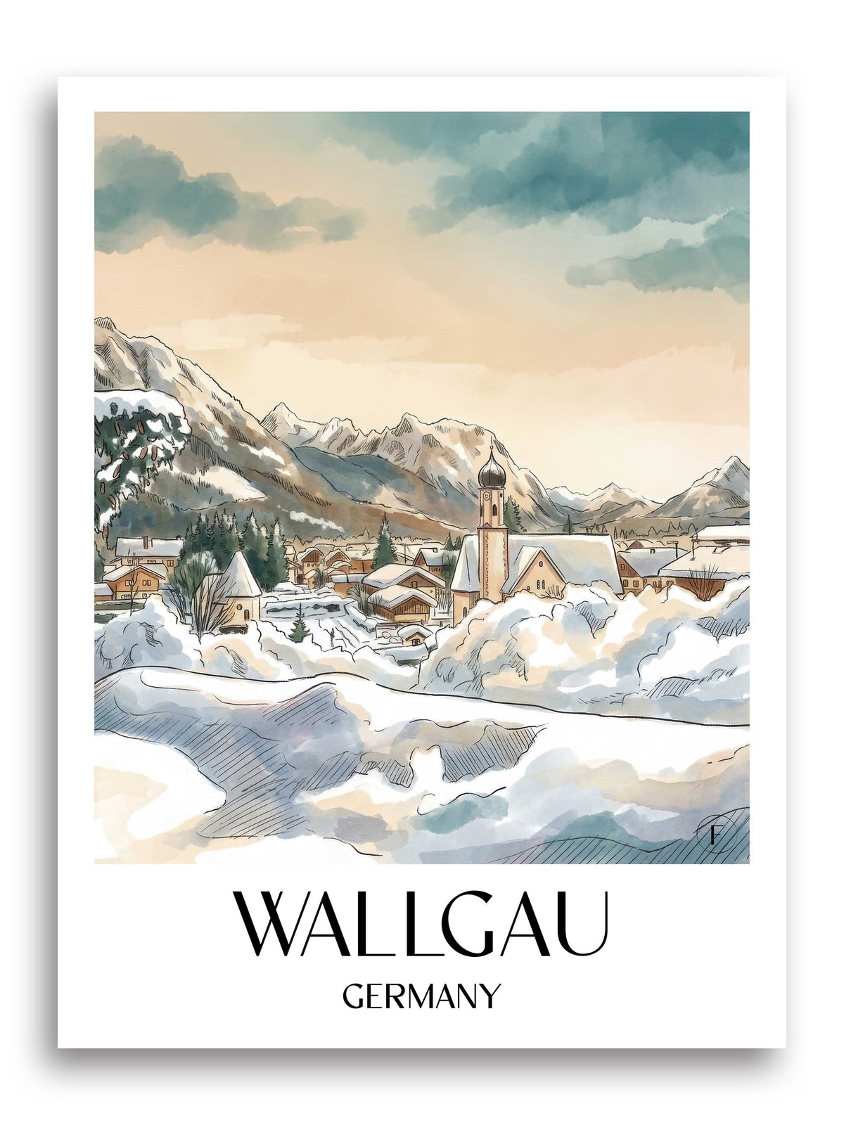 Wallgau Poster - Werdenfelser Land - Deutschland Kunstdruck - Aquarell von A4 bis A1 - favplace