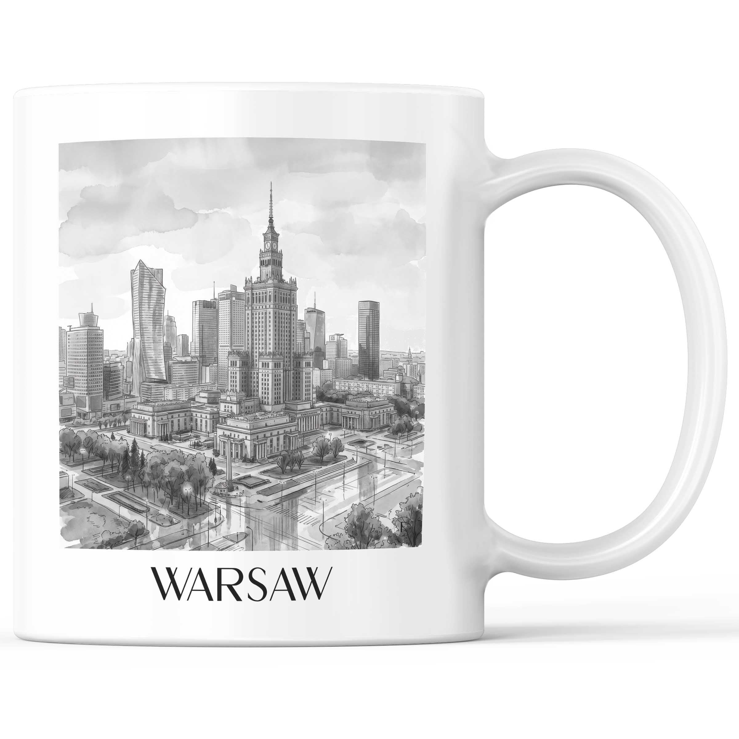 Warschau - Polen Becher - Kaffeetasse im Aquarell Schwarz-Weiß Stil - favplace