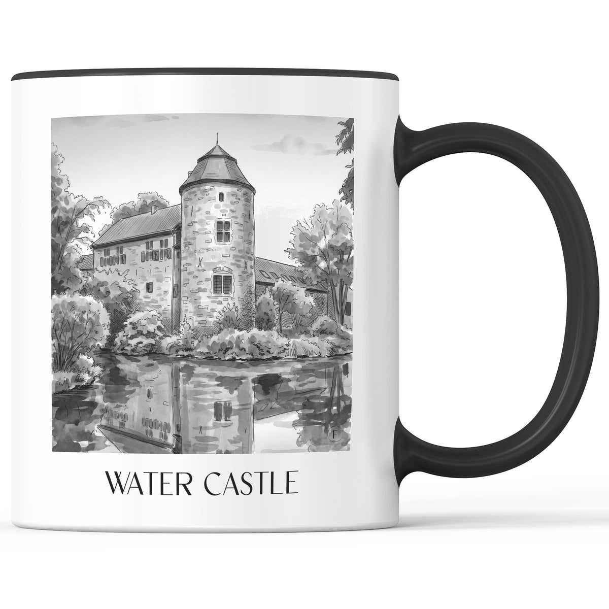Wasserburg Kaffeebecher - Ratingen - Deutschland Becher - Kaffeetasse im Aquarell Schwarz-Weiß Stil - favplace