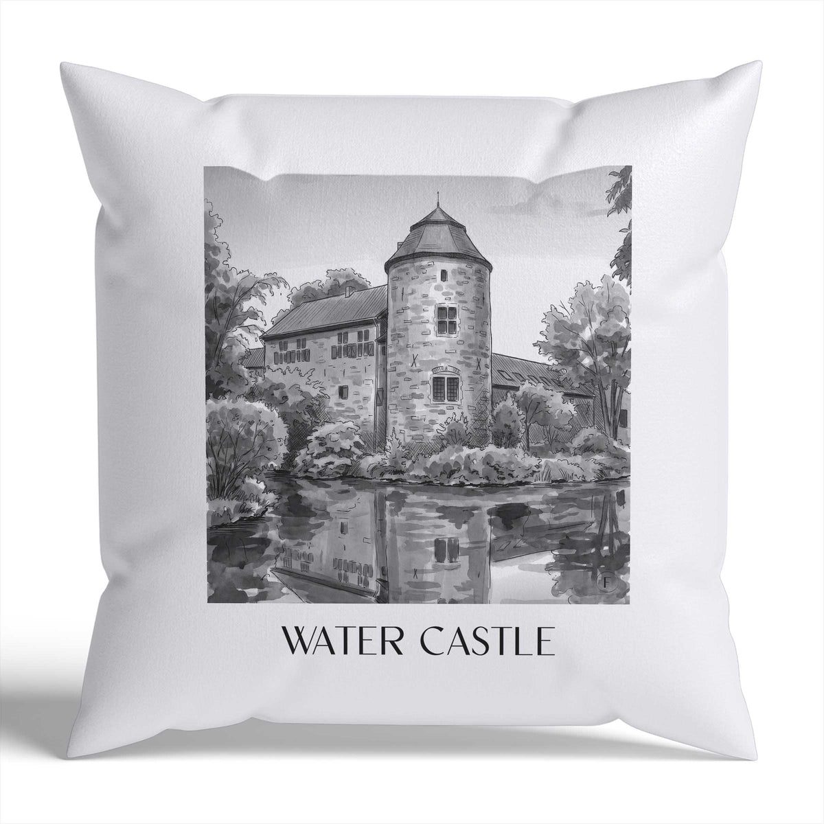 Wasserburg Kissenhülle - Zierkissen Bezug - Ratingen - Deutschland Kissen bzw. Kissenbezug im Aquarell Schwarz-Weiß Stil - favplace