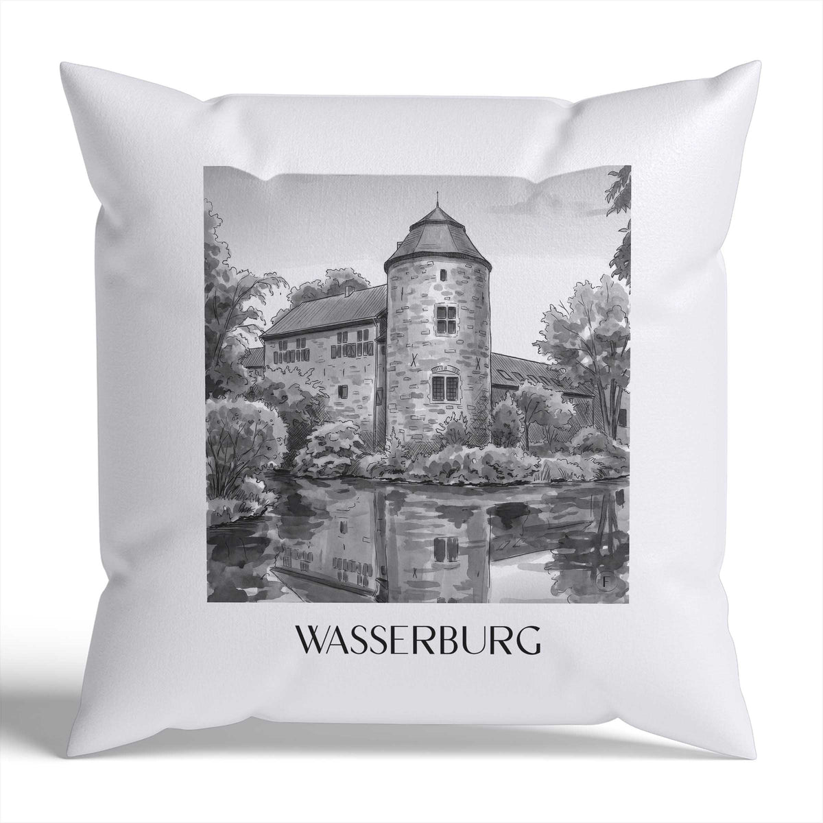 wasserburg-ratingen-deutschland-kissenbezug-aquarell-schwarz-weiss