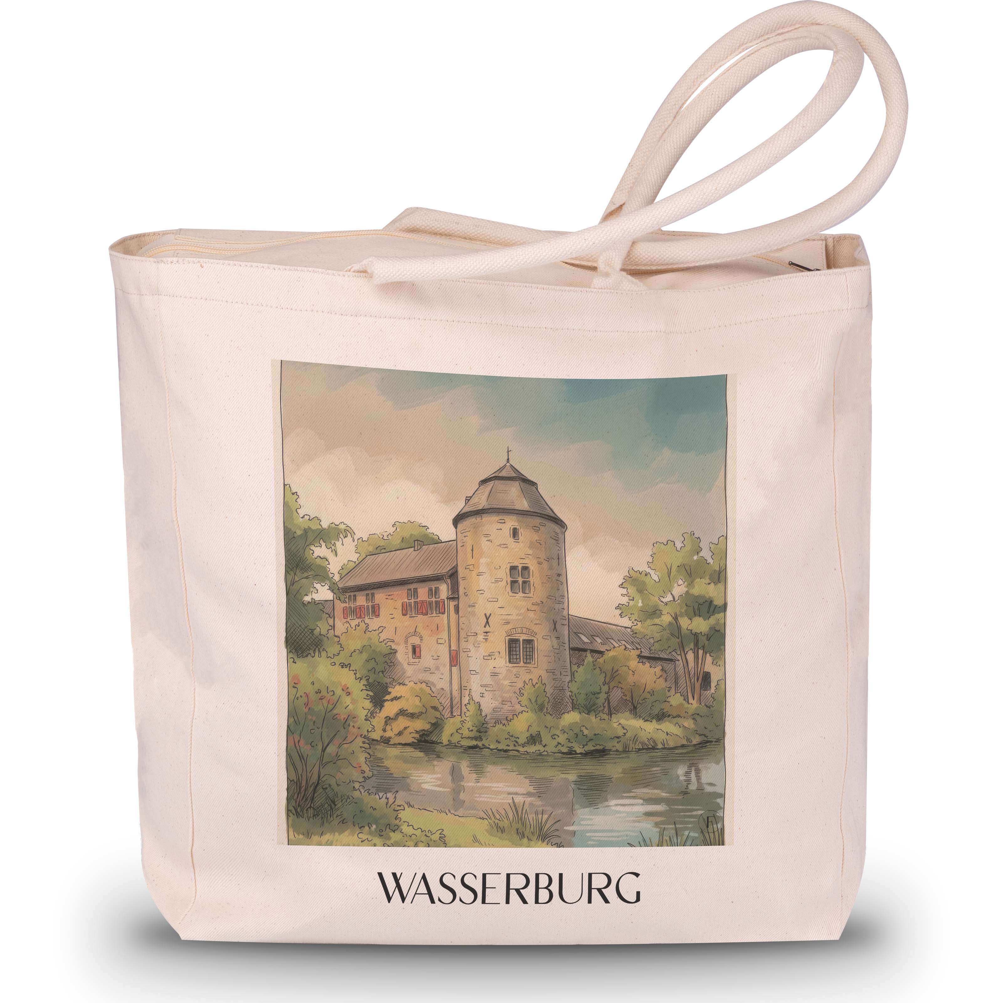 wasserburg--ratingen-deutschland-einkaufstasche-aquarell
