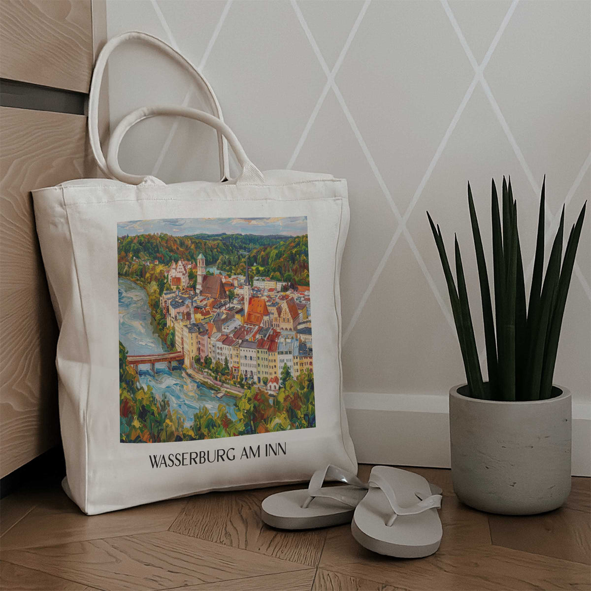 wasserburg-am-inn-chiemgau-deutschland-einkaufstasche-oil-painting-oelgemaelde