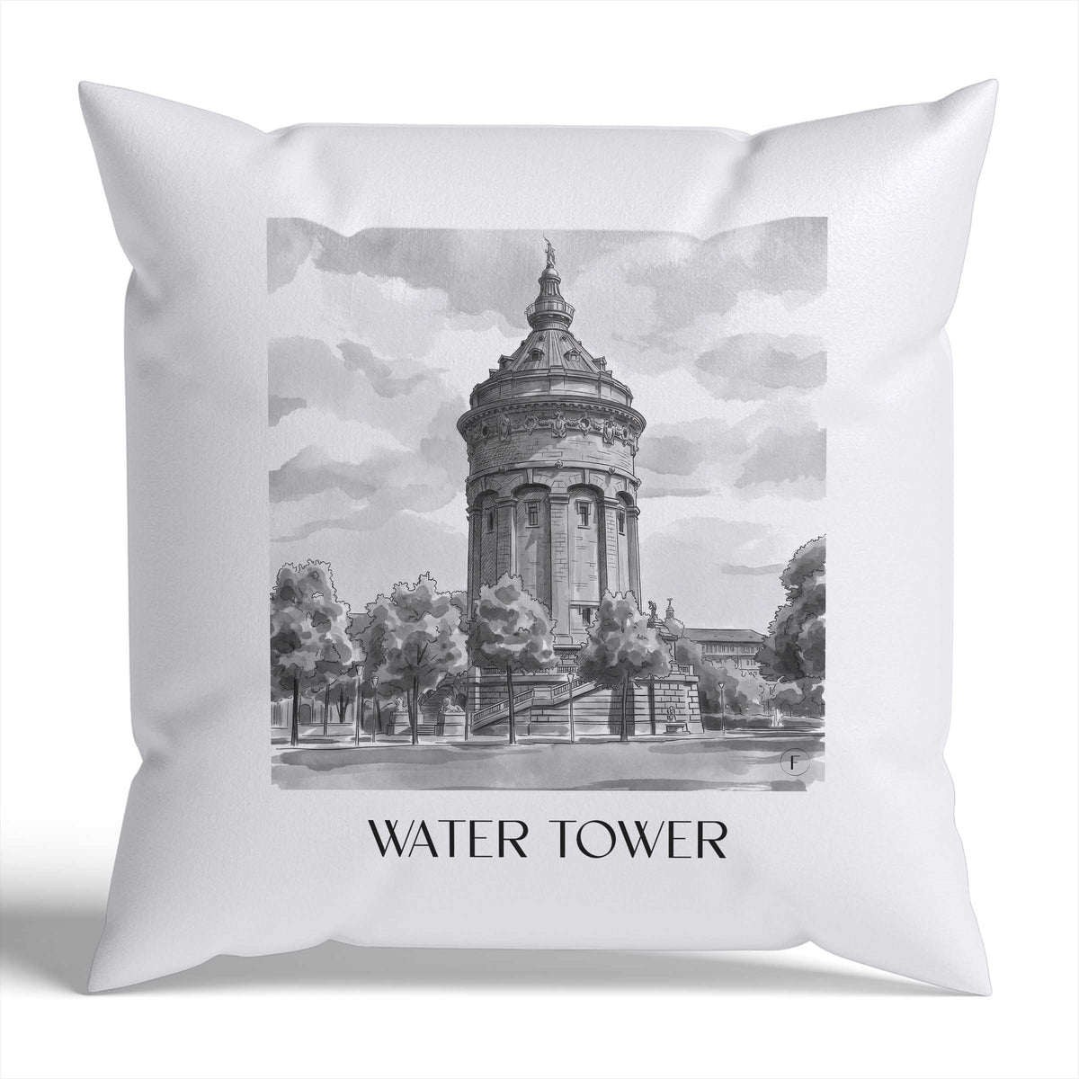Wasserturm Kissenhülle - Zierkissen Bezug - Mannheim - Deutschland Kissen bzw. Kissenbezug im Aquarell Schwarz-Weiß Stil - favplace
