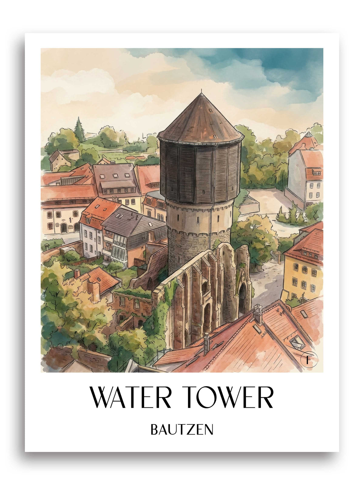 Wasserturm Poster - Bautzen - Deutschland Kunstdruck - Aquarell von A4 bis A1 - favplace