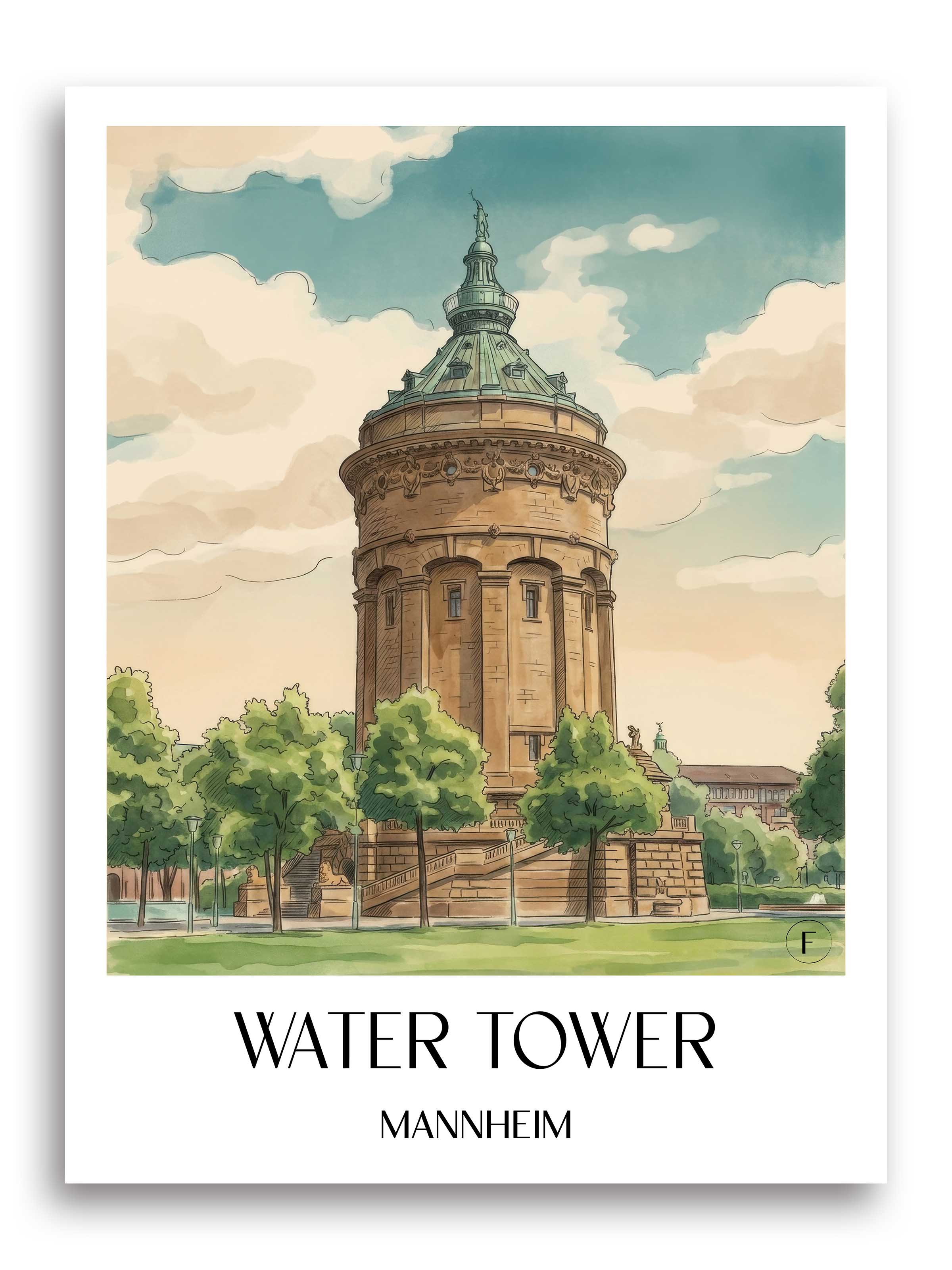 Wasserturm Poster - Mannheim - Deutschland Kunstdruck - Aquarell von A4 bis A1 - favplace