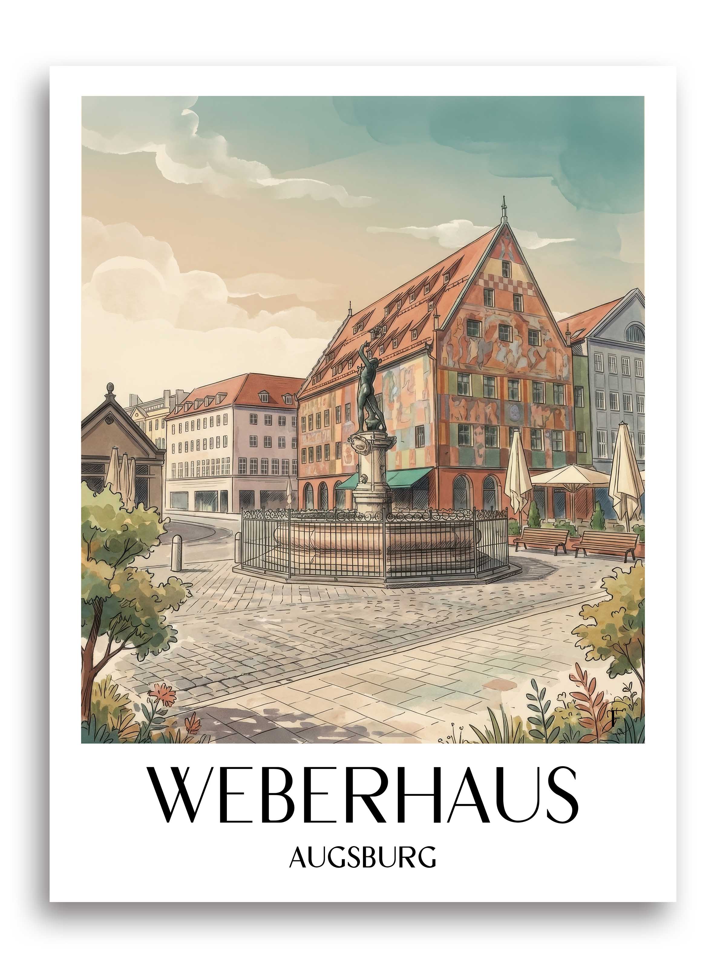 weberhaus-augsburg-deutschland-poster-aquarell