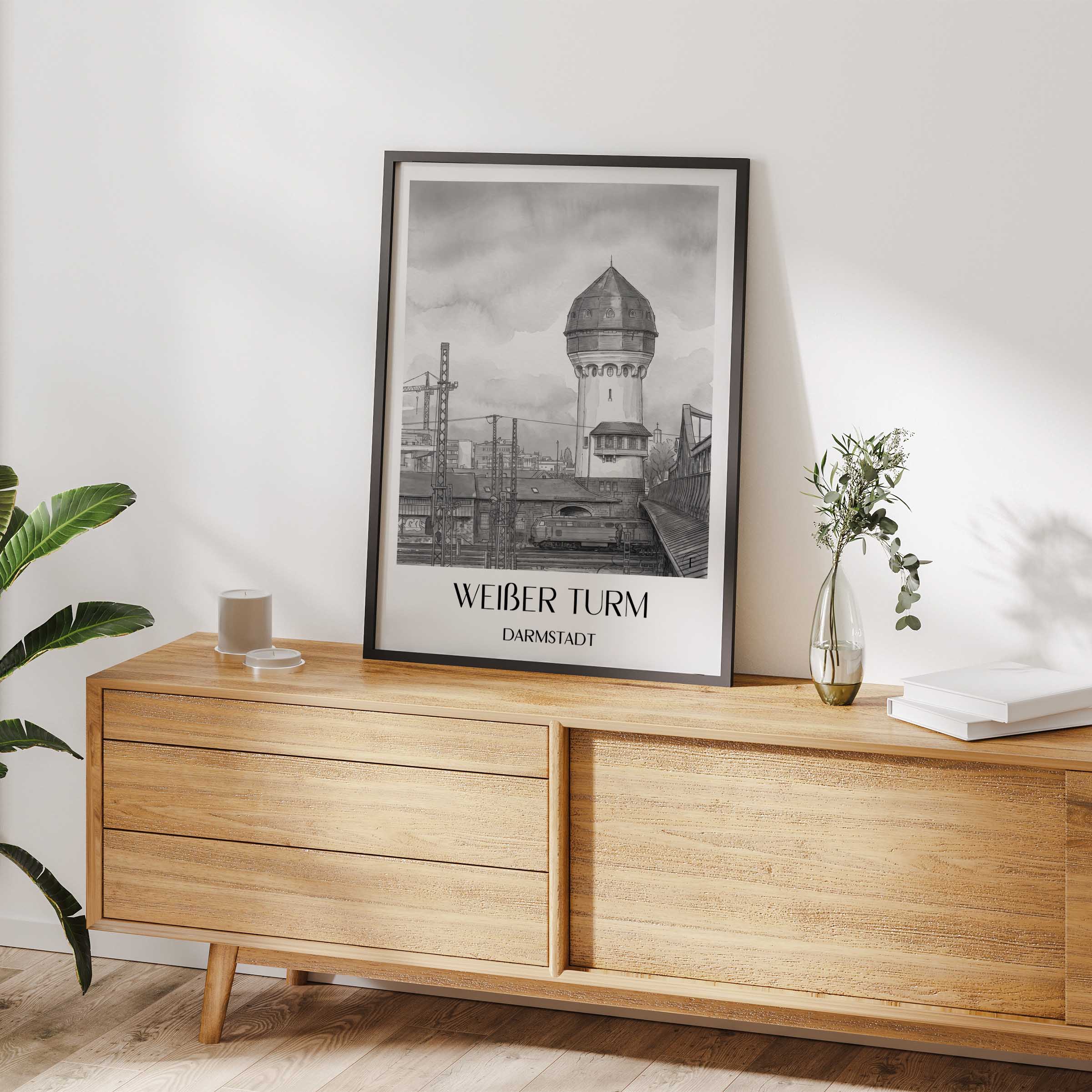 weißer-turm-darmstadt-deutschland-poster-aquarell-schwarz-weiss