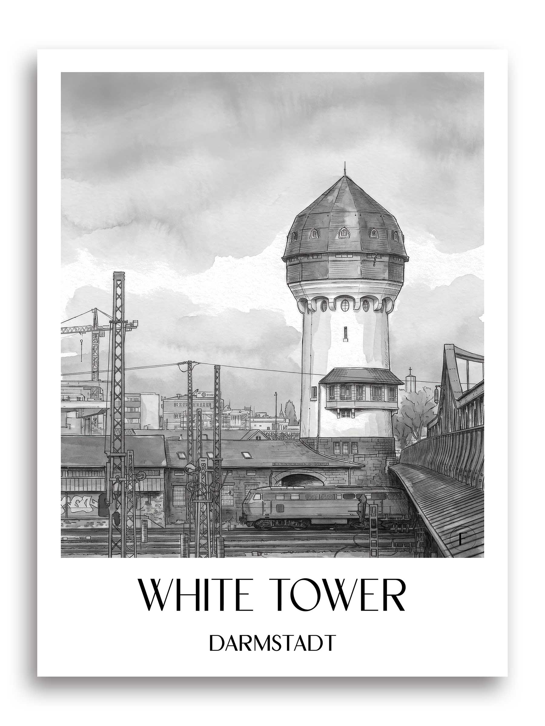 Weißer Turm Poster - Darmstadt - Deutschland Kunstdruck - Aquarell Schwarz-Weiß von A4 bis A1