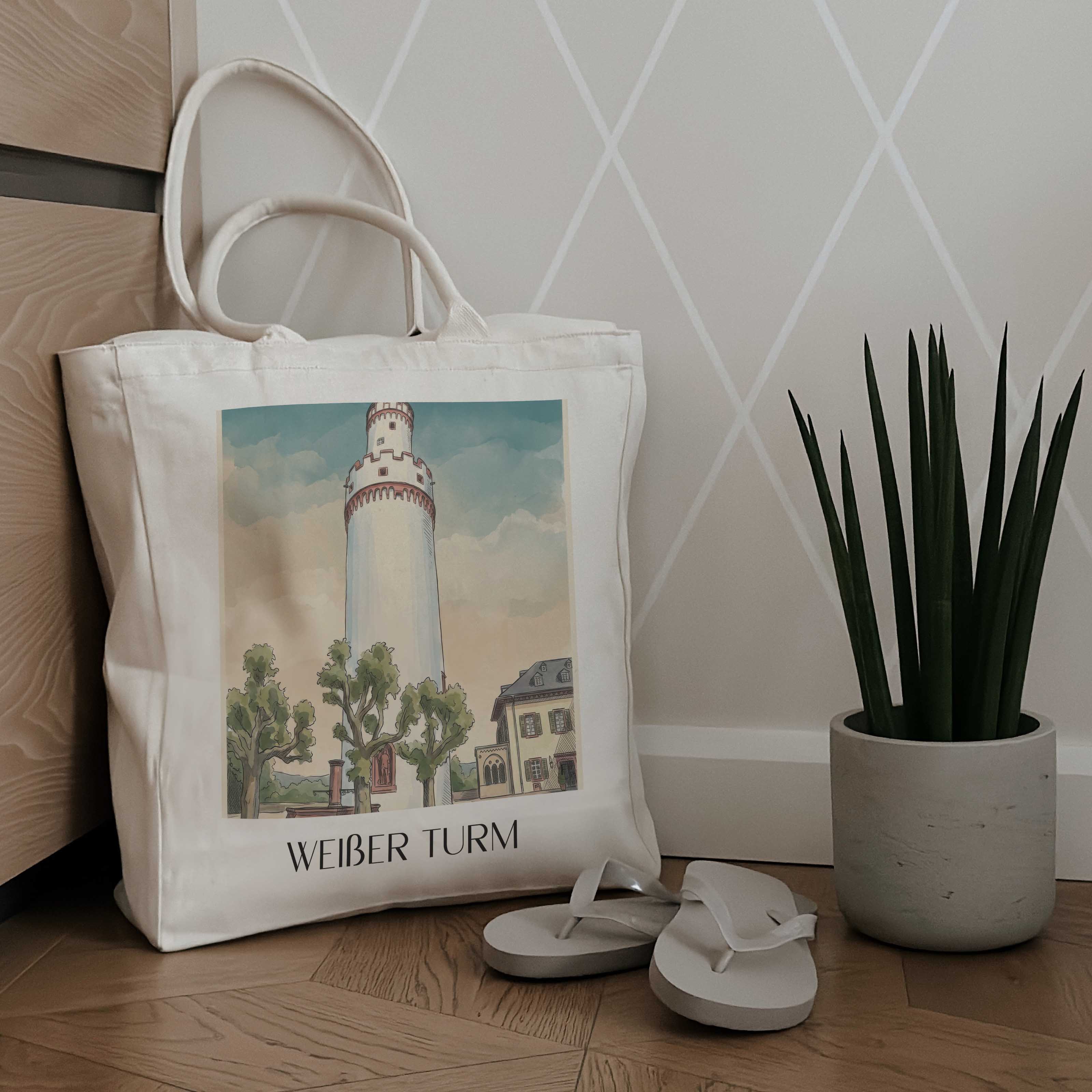 weißer-turm-bad-homburg-deutschland-einkaufstasche-aquarell