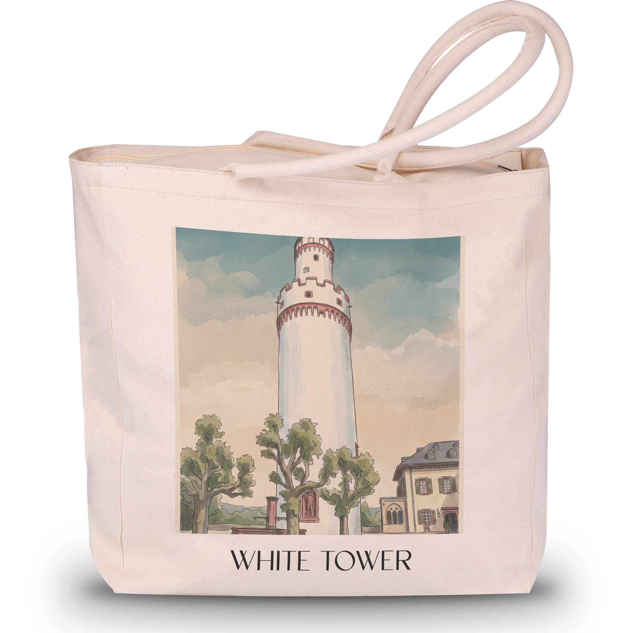 Weißer Turm Shopping Tasche - Bad Homburg - Deutschland Tote Bag - Einkaufstasche im Aquarell Stil - favplace