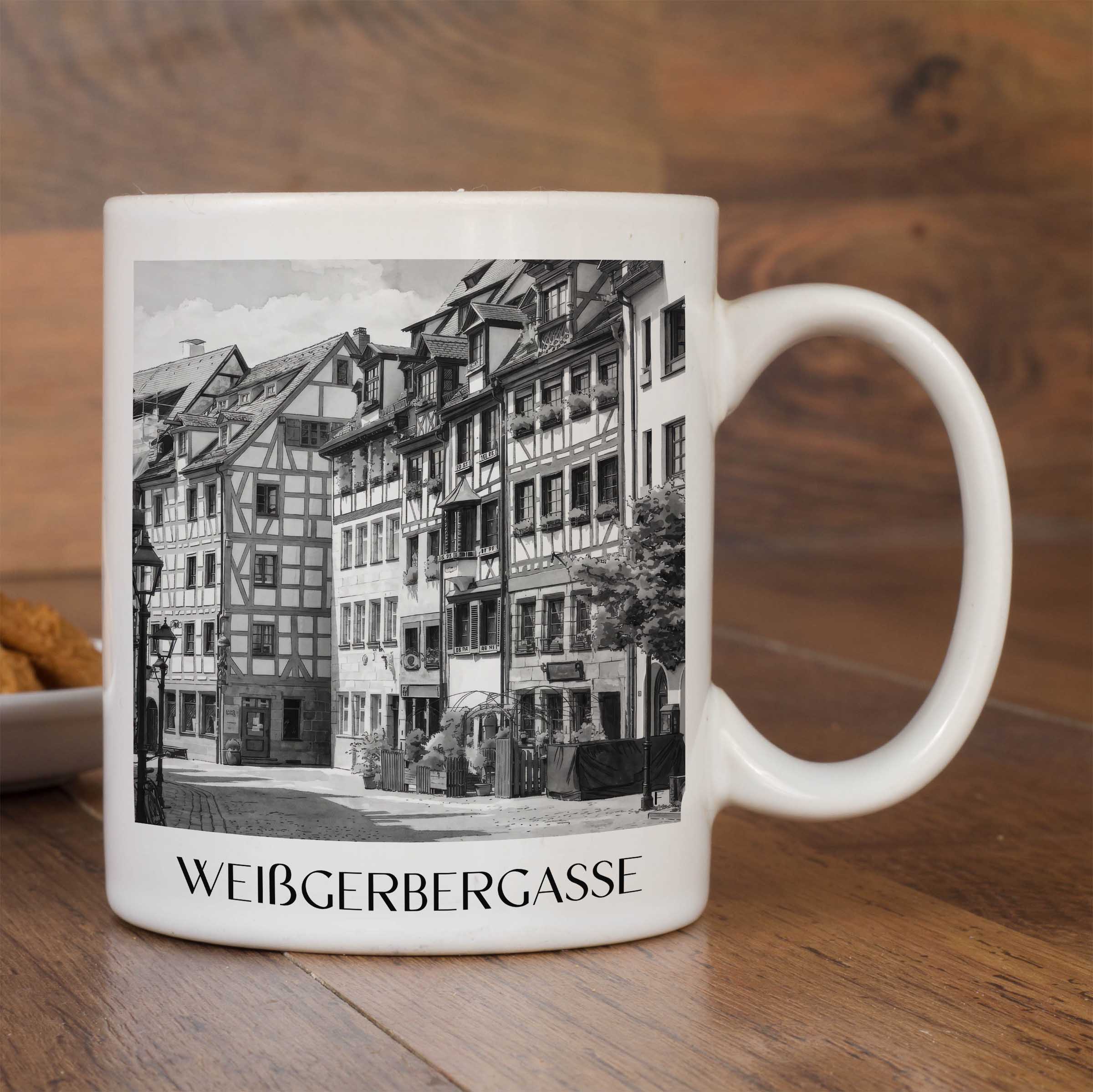 weißgerbergasse-nürnberg-deutschland-kaffeebecher-aquarell-schwarz-weiss