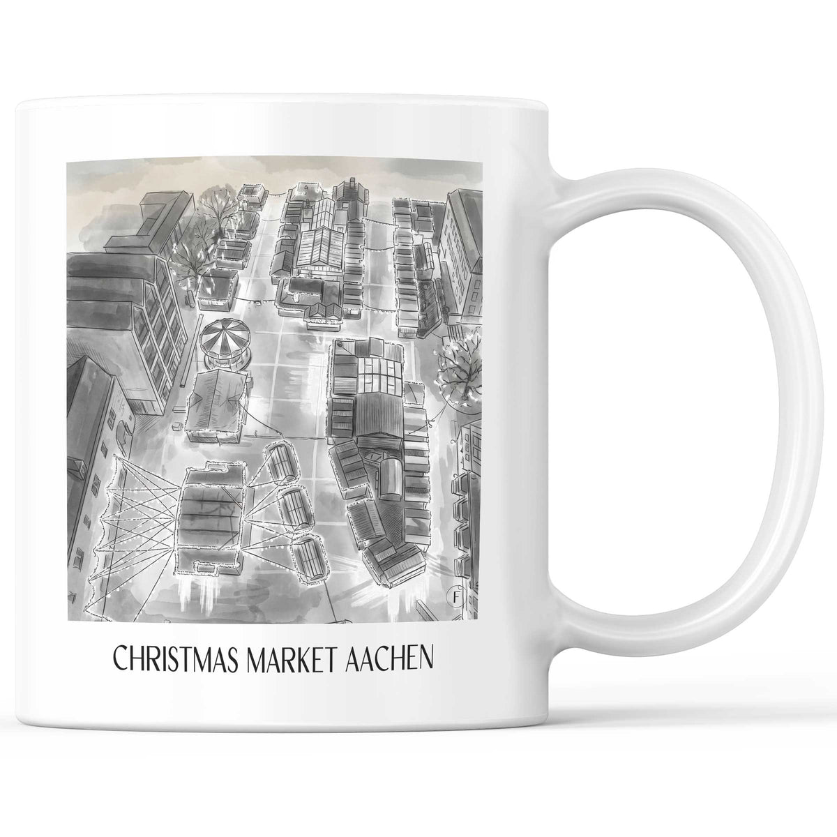 Weihnachtsmarkt Kaffeebecher - Aachen - Deutschland Becher - Kaffeetasse im Aquarell Schwarz-Weiß Stil - favplace