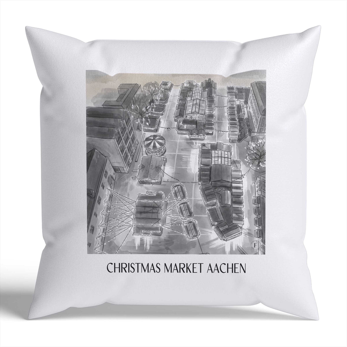 Weihnachtsmarkt Kissenhülle - Zierkissen Bezug - Aachen - Deutschland Kissen bzw. Kissenbezug im Aquarell Schwarz-Weiß Stil - favplace