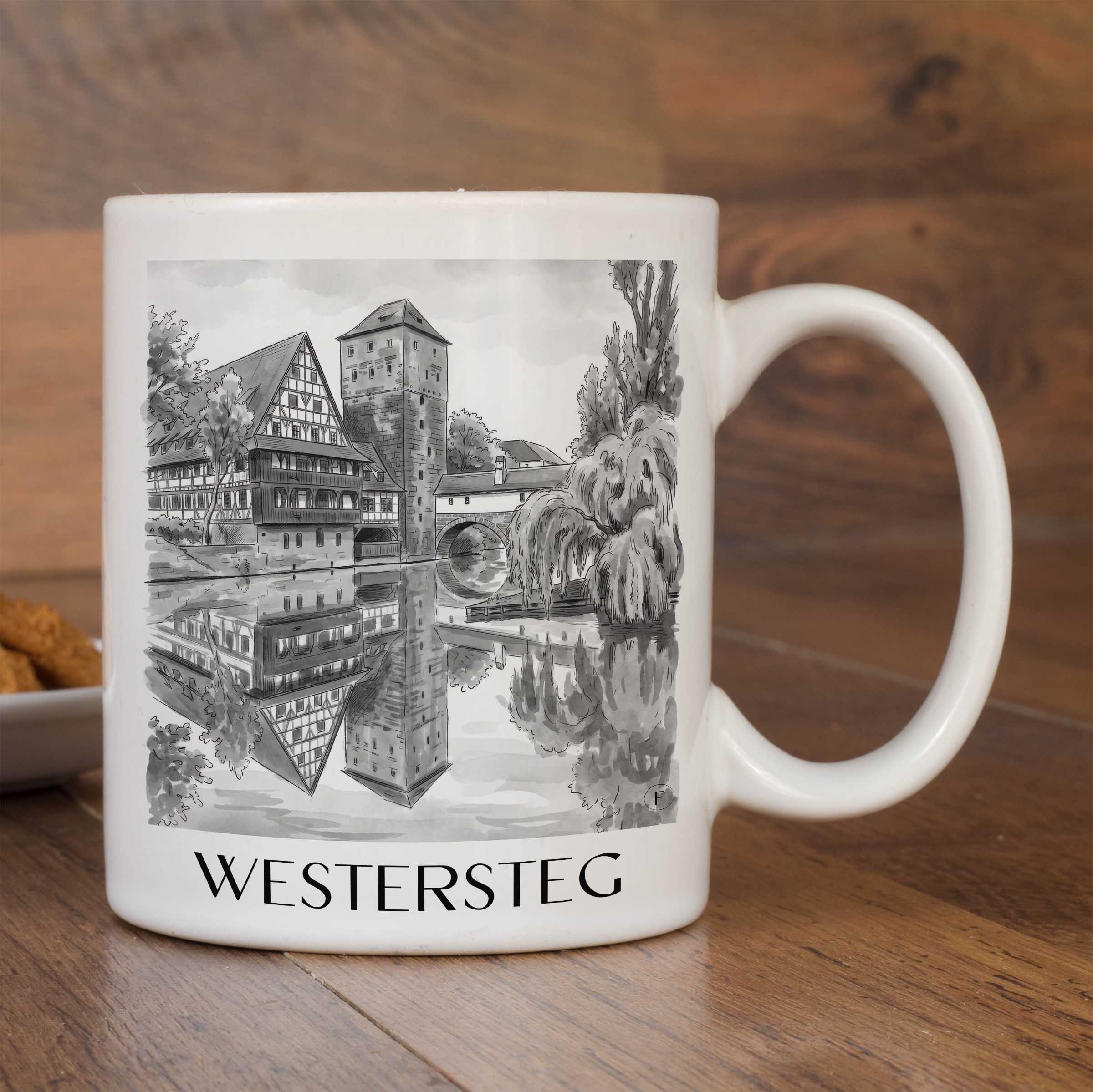 westersteg-nürnberg-deutschland-kaffeebecher-aquarell-schwarz-weiss
