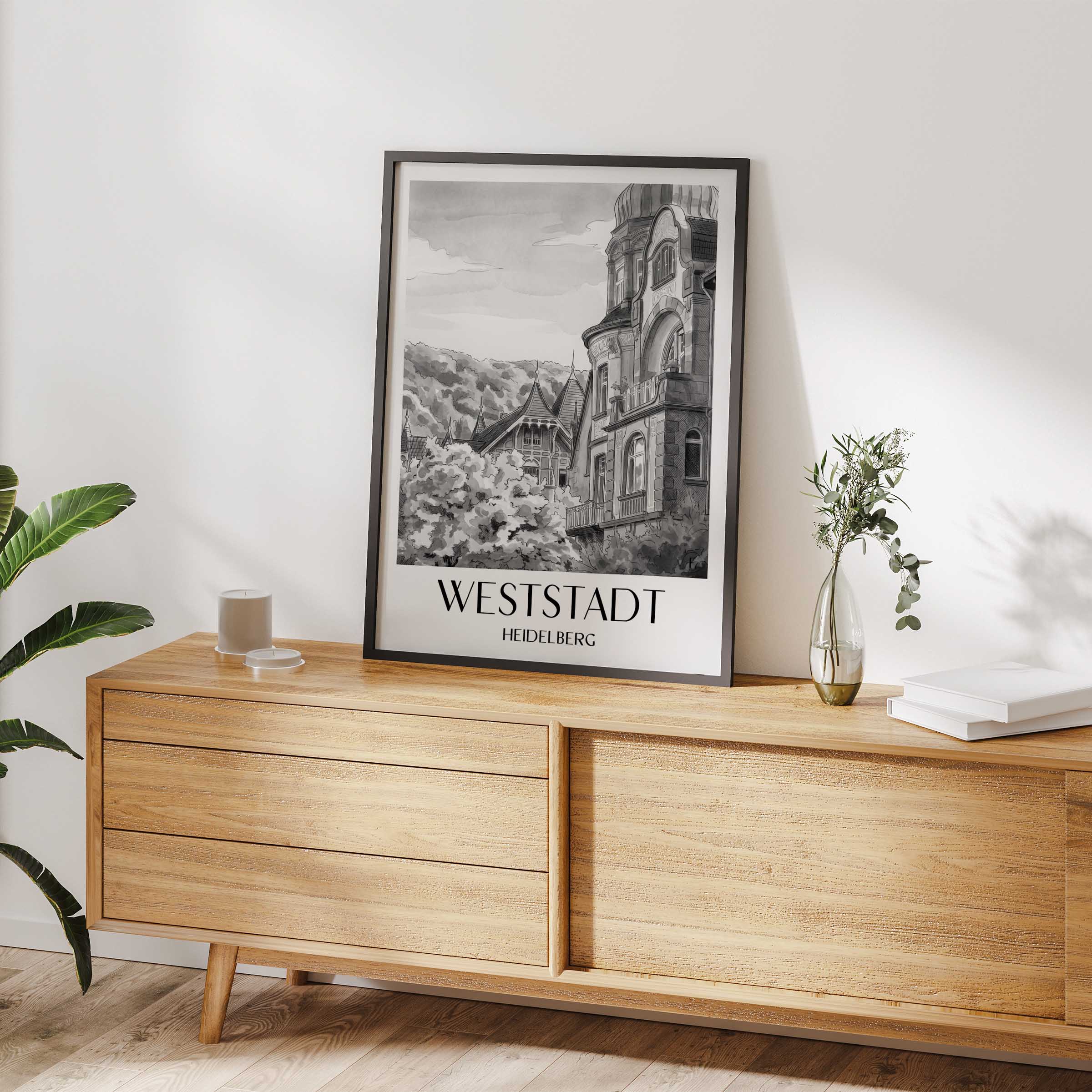 weststadt-heidelberg-deutschland-poster-aquarell-schwarz-weiss