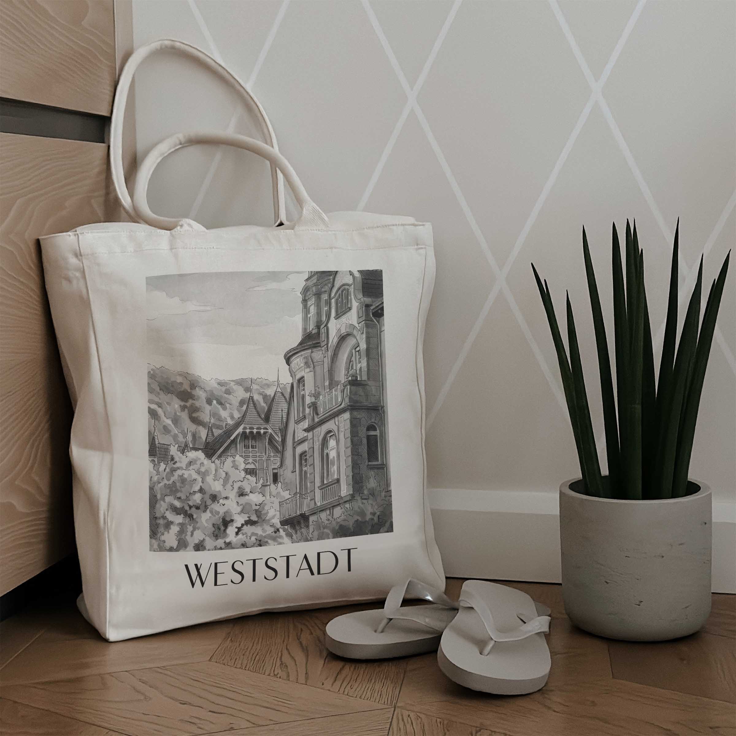 weststadt-heidelberg-deutschland-einkaufstasche-aquarell-schwarz-weiss