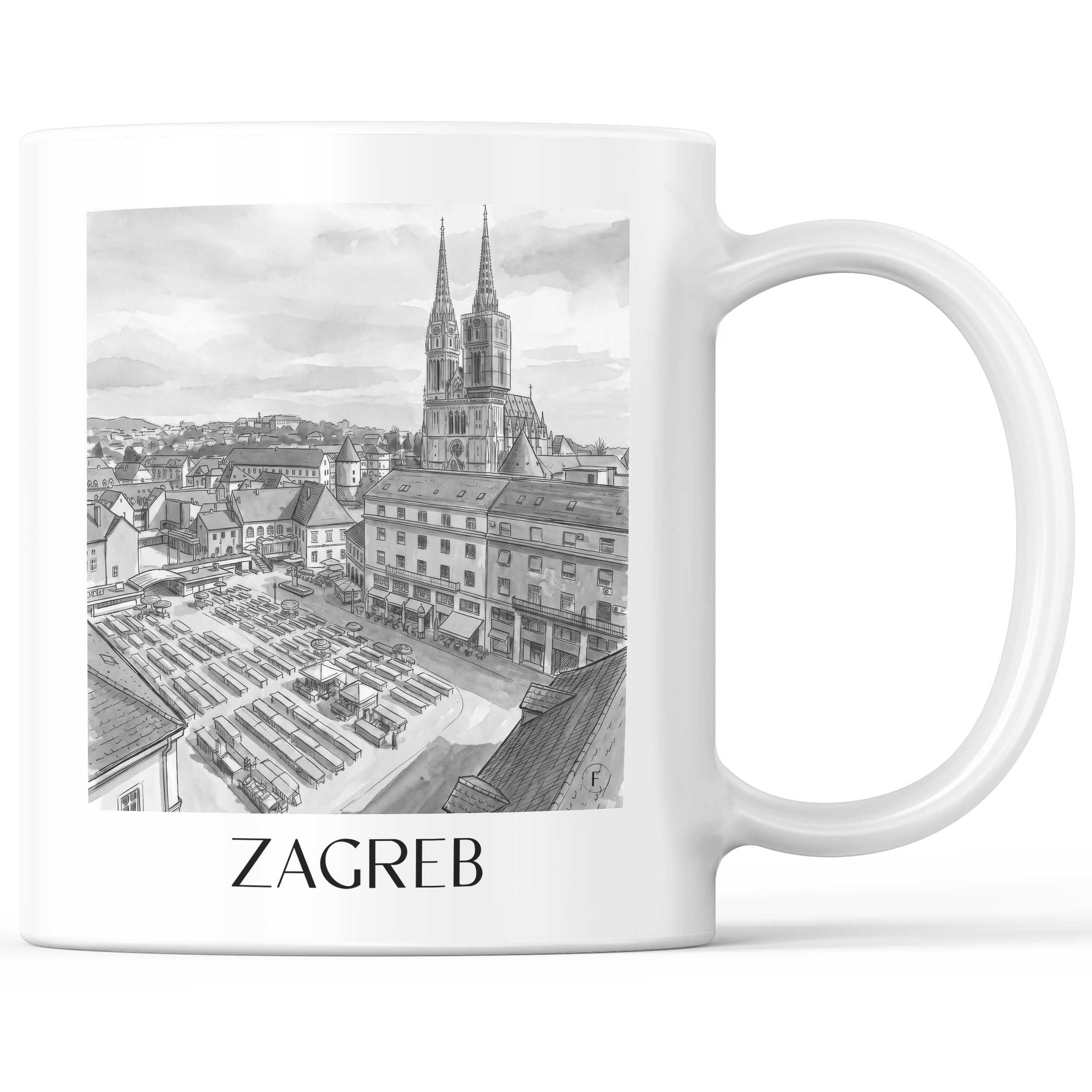 Zagreb - Kroatien Becher - Kaffeetasse im Aquarell Schwarz-Weiß Stil - favplace