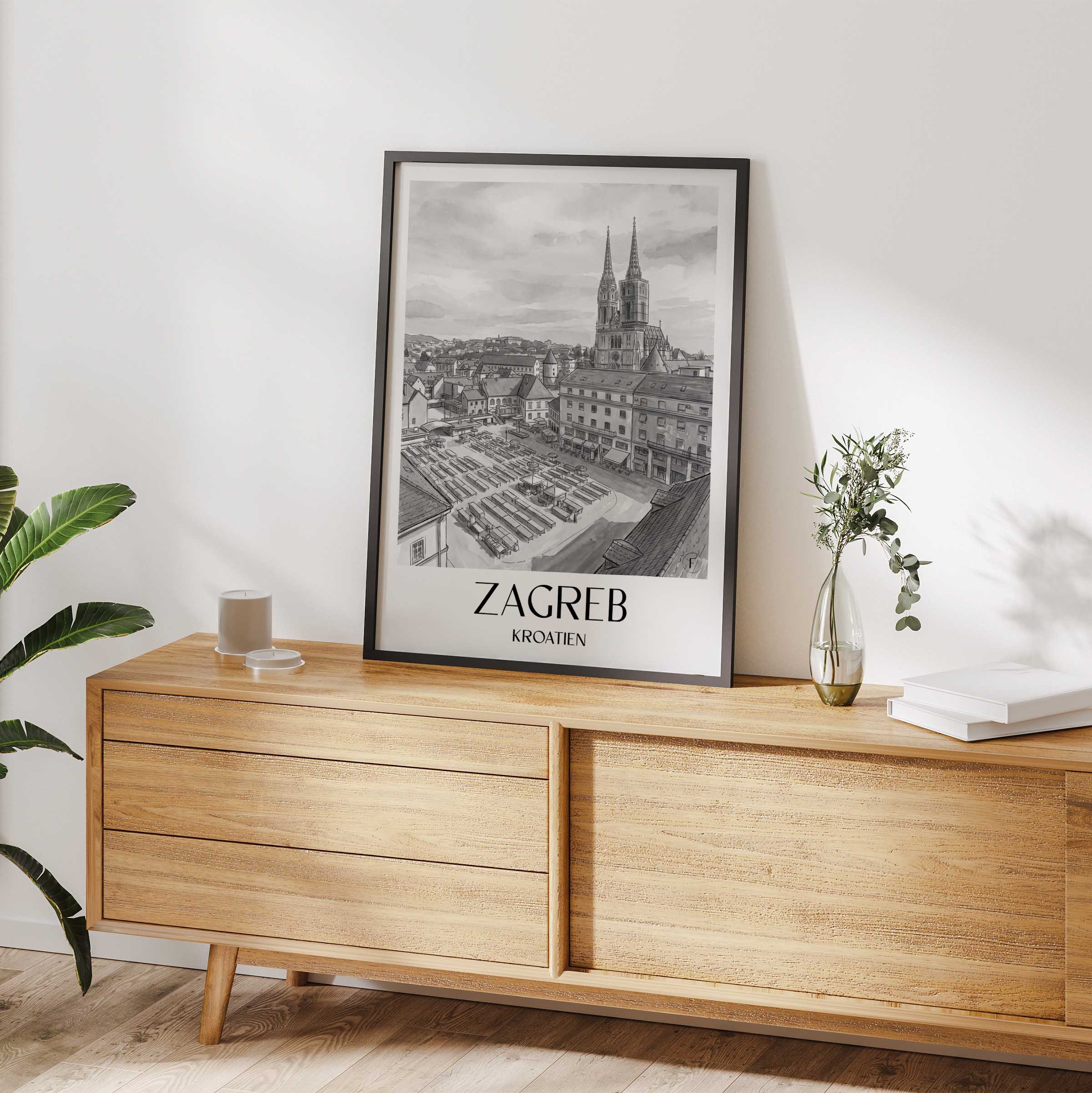 zagreb-kroatien-poster-aquarell-schwarz-weiss
