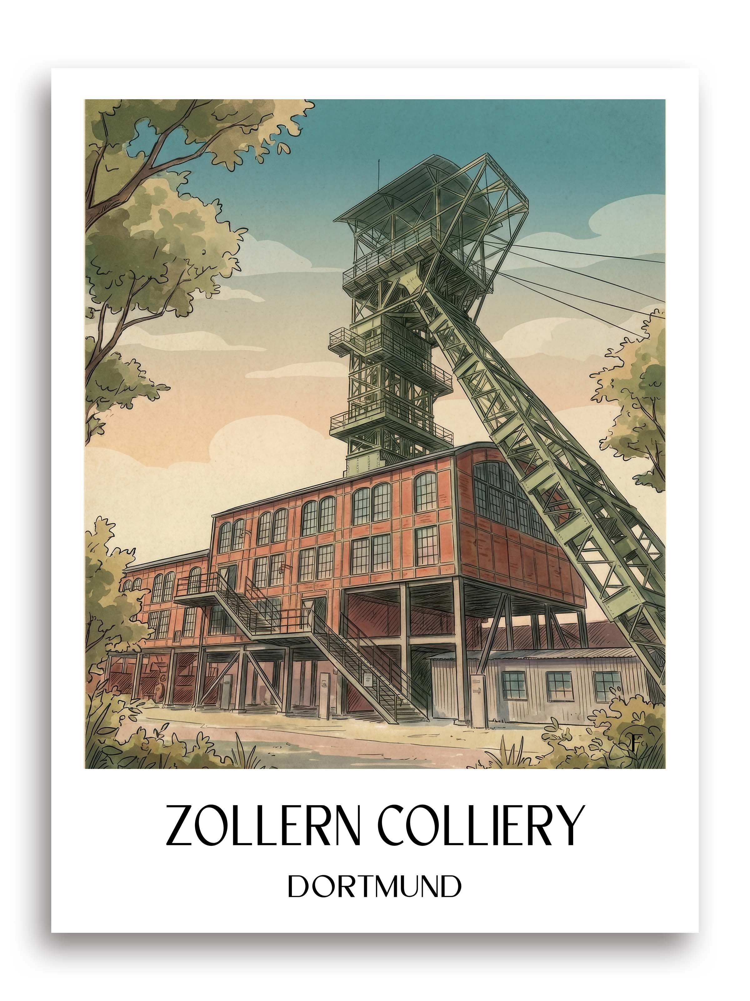 Zeche Zollern Poster - Dortmund - Deutschland Kunstdruck - Aquarell von A4 bis A1 - favplace