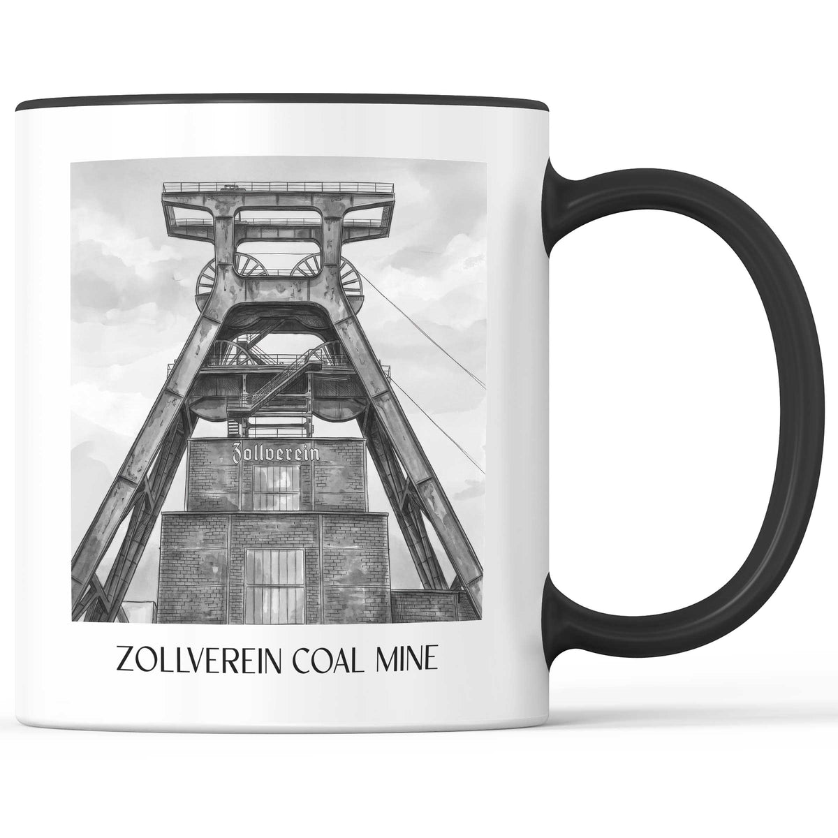 Zeche Zollverein Kaffeebecher - Essen - Deutschland Becher - Kaffeetasse im Aquarell Schwarz-Weiß Stil - favplace