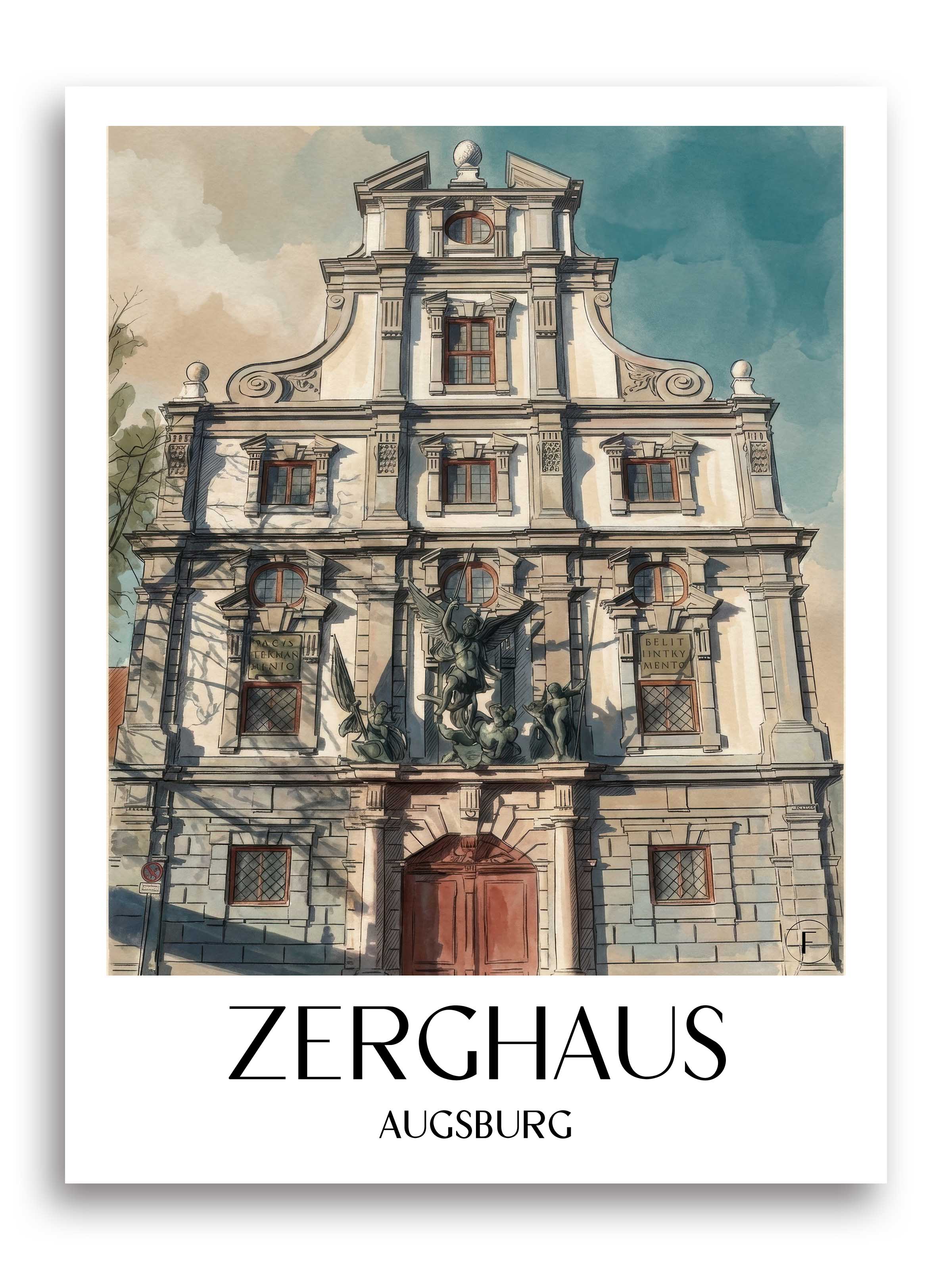 Zerghaus Poster - Augsburg - Deutschland Kunstdruck - Aquarell von A4 bis A1 - favplace