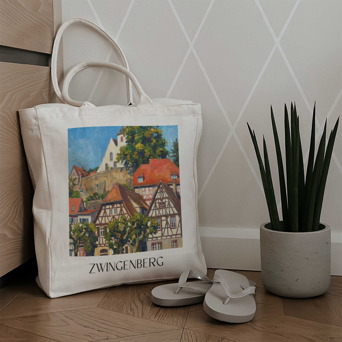 zwingenberg-bergstraße-deutschland-einkaufstasche-oil-painting-oelgemaelde