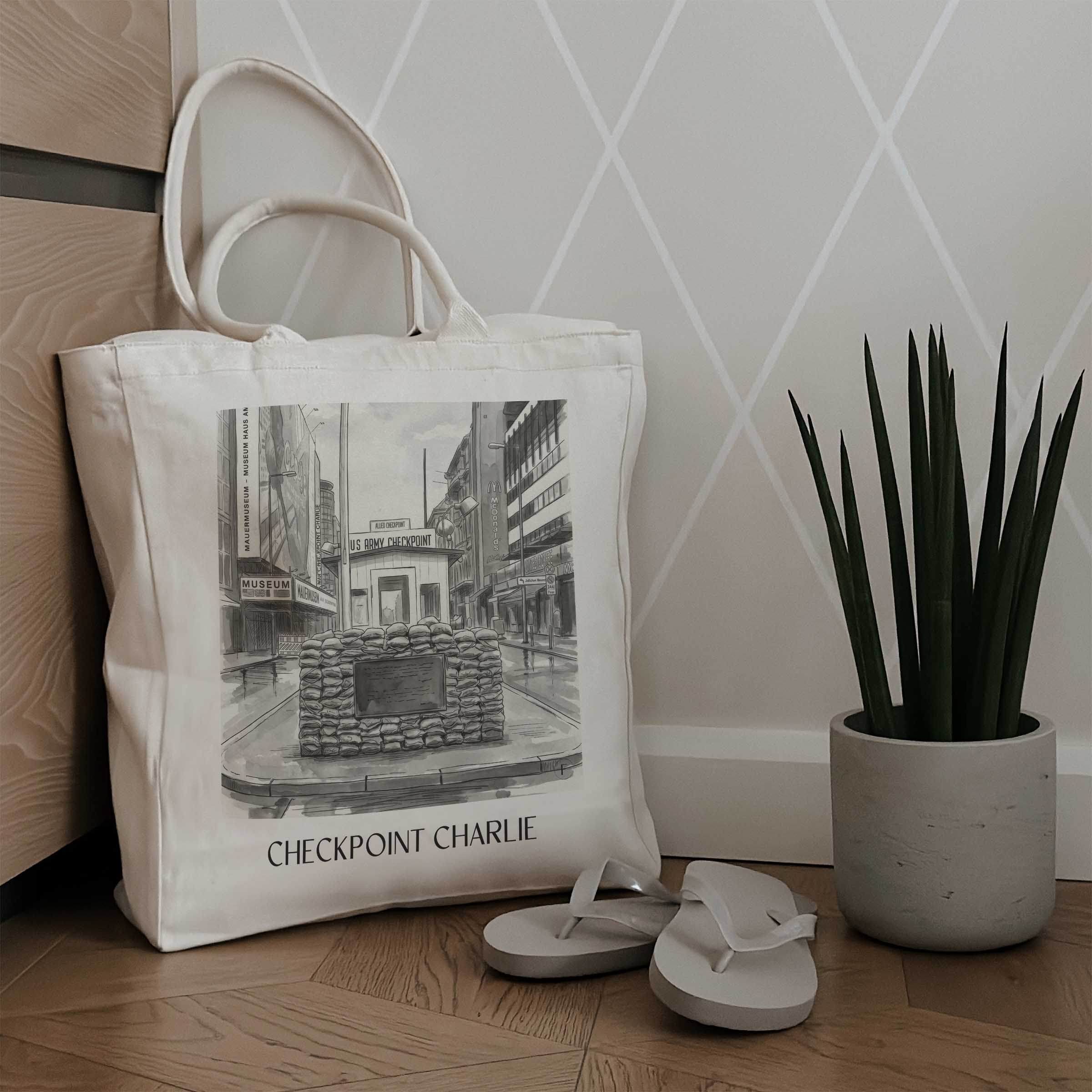 checkpoint-charlie-berlin-deutschland-einkaufstasche-aquarell-schwarz-weiss