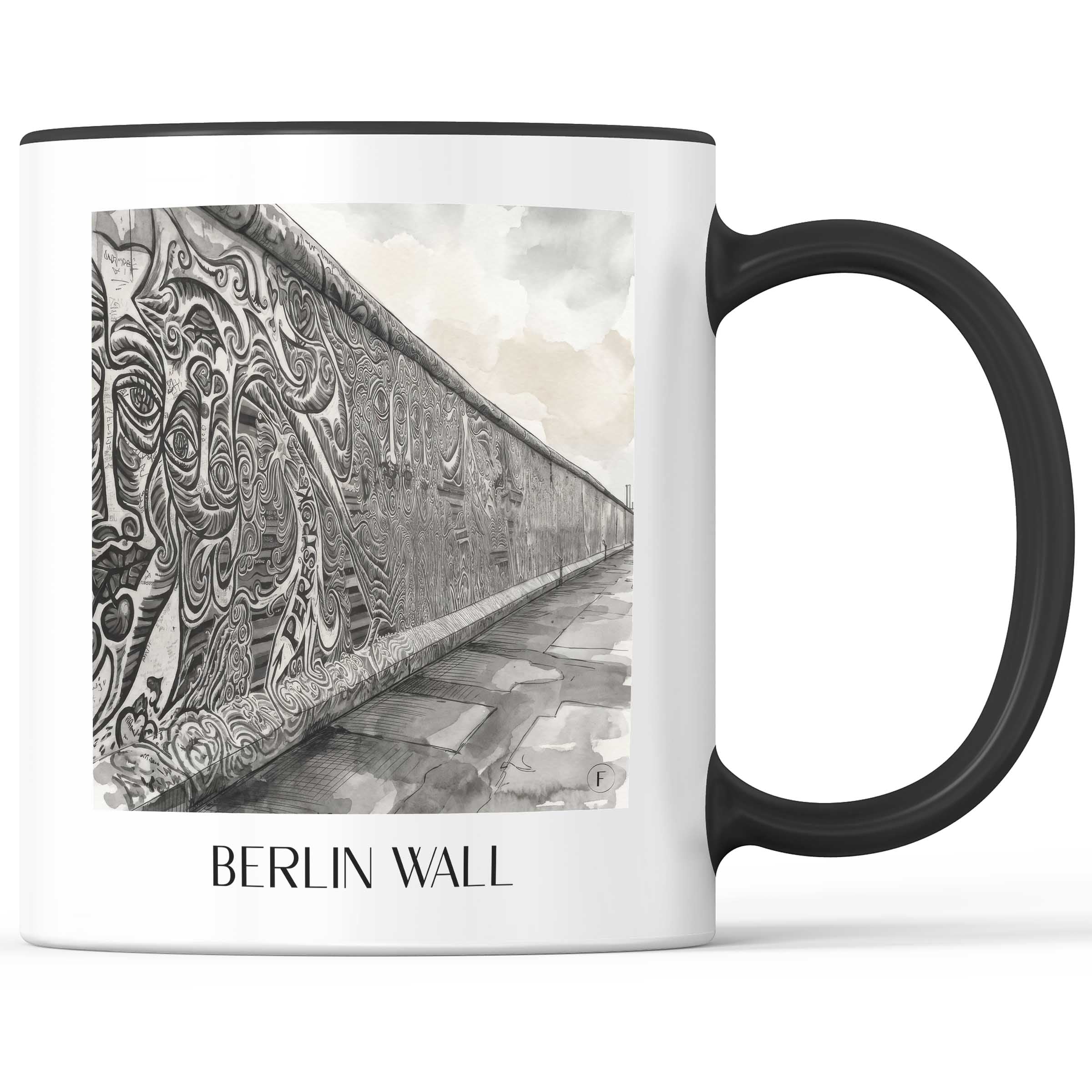 Berliner Mauer Kaffeebecher - Berlin - Deutschland Becher - Kaffeetasse im Aquarell Schwarz-Weiß Stil
