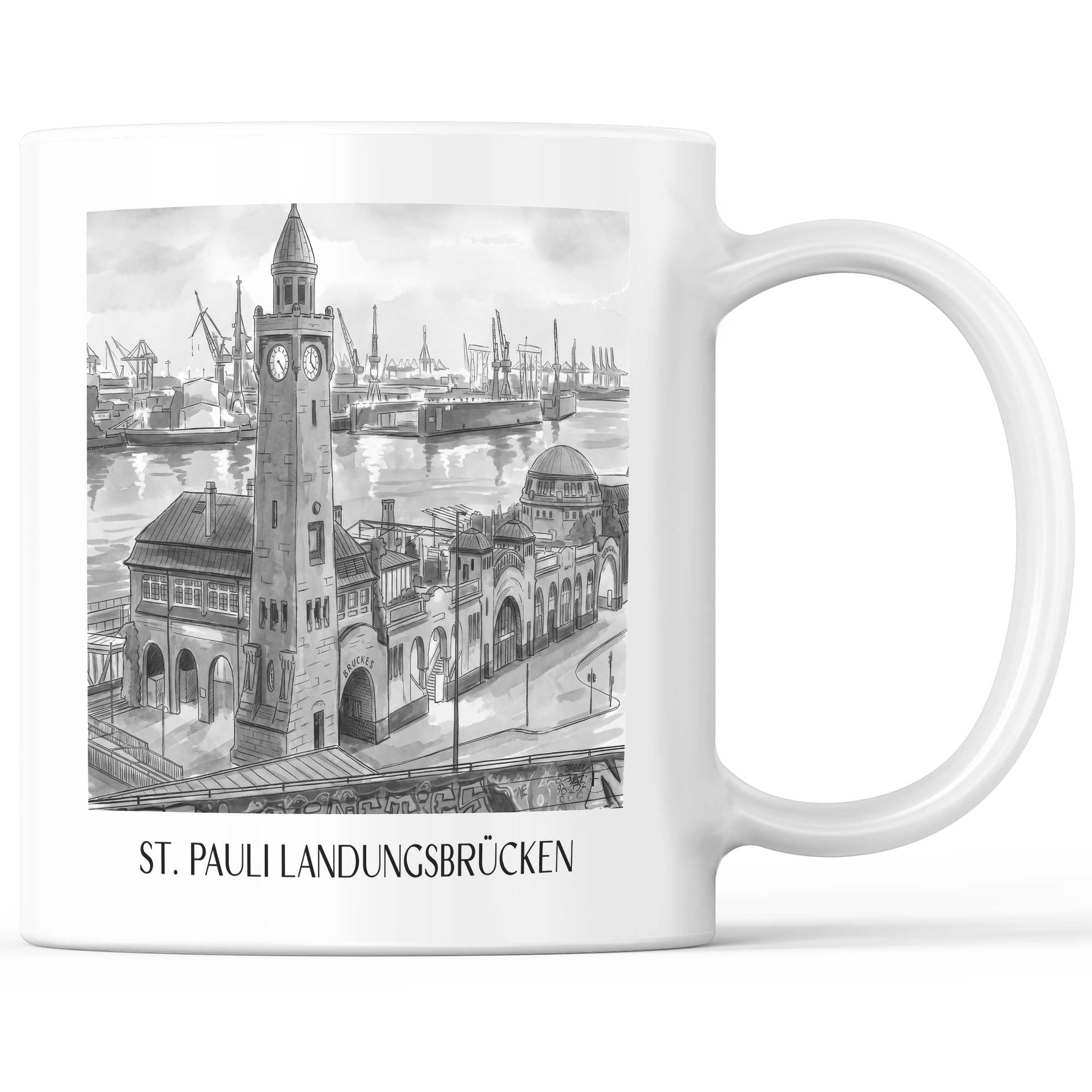 St. Pauli Landungsbrücken Kaffeebecher - Hamburg - Deutschland Becher - Kaffeetasse im Aquarell Schwarz-Weiß Stil