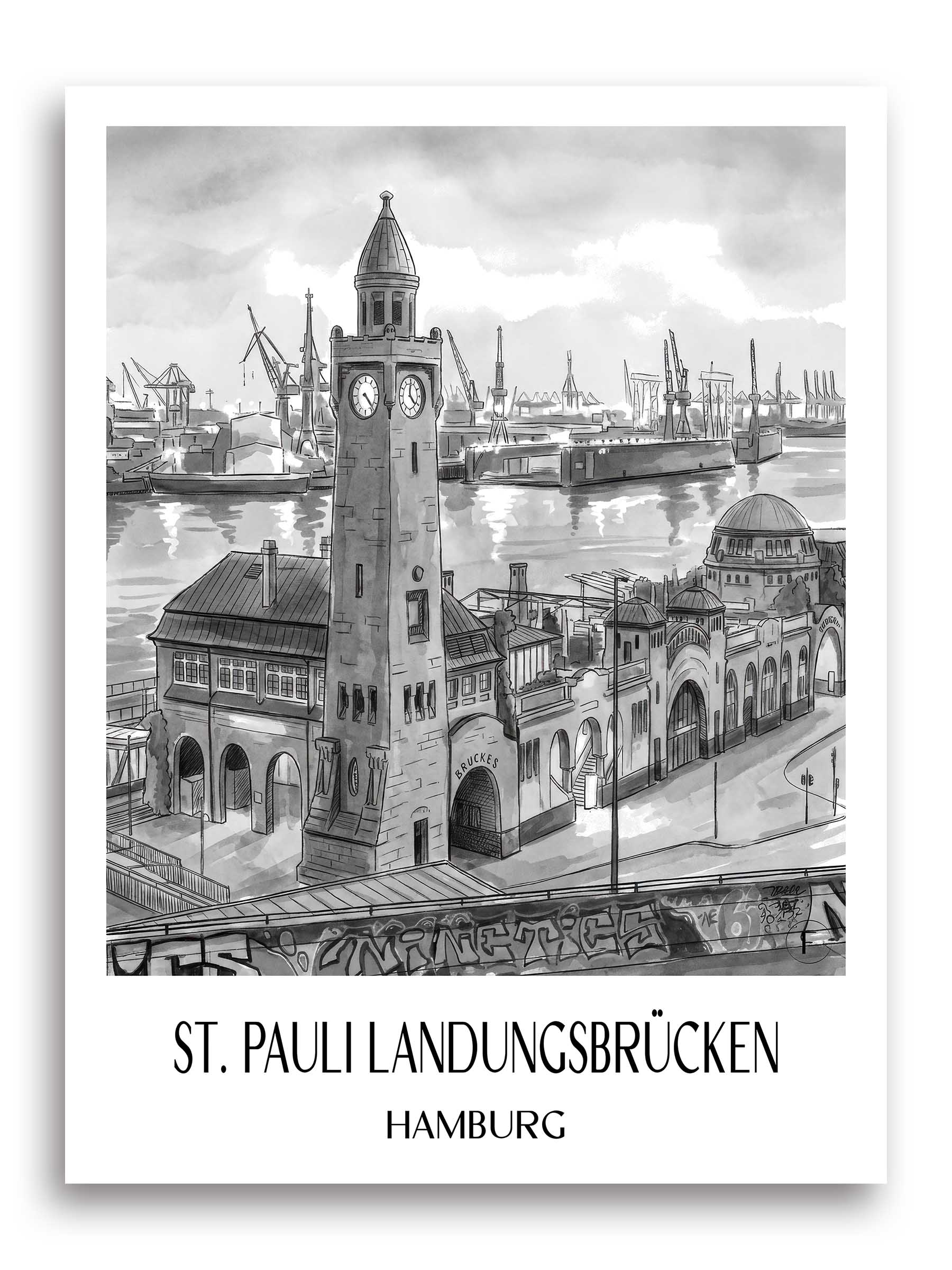 St. Pauli Landungsbrücken Poster - Hamburg - Deutschland Kunstdruck - Aquarell Schwarz-Weiß von A4 bis A1