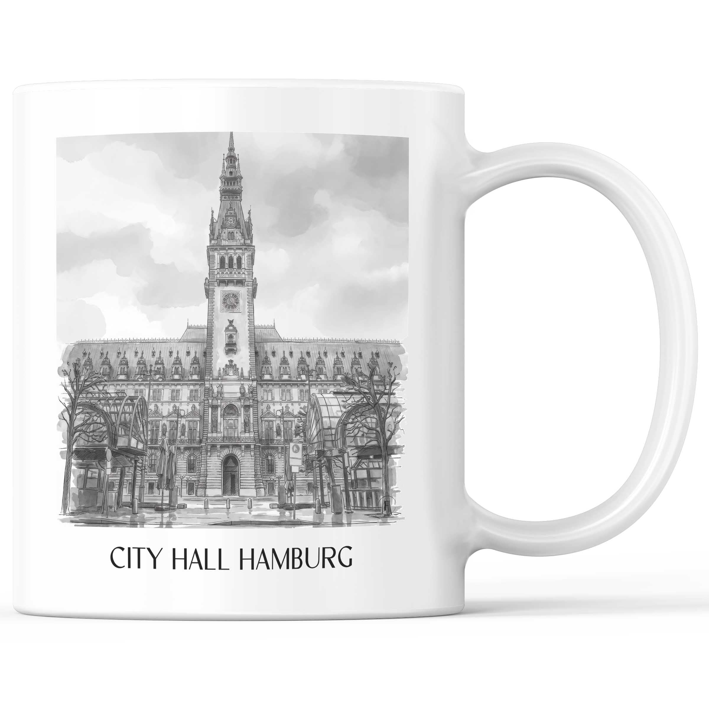 Rathaus Kaffeebecher - Hamburg - Deutschland Becher - Kaffeetasse im Aquarell Schwarz-Weiß Stil