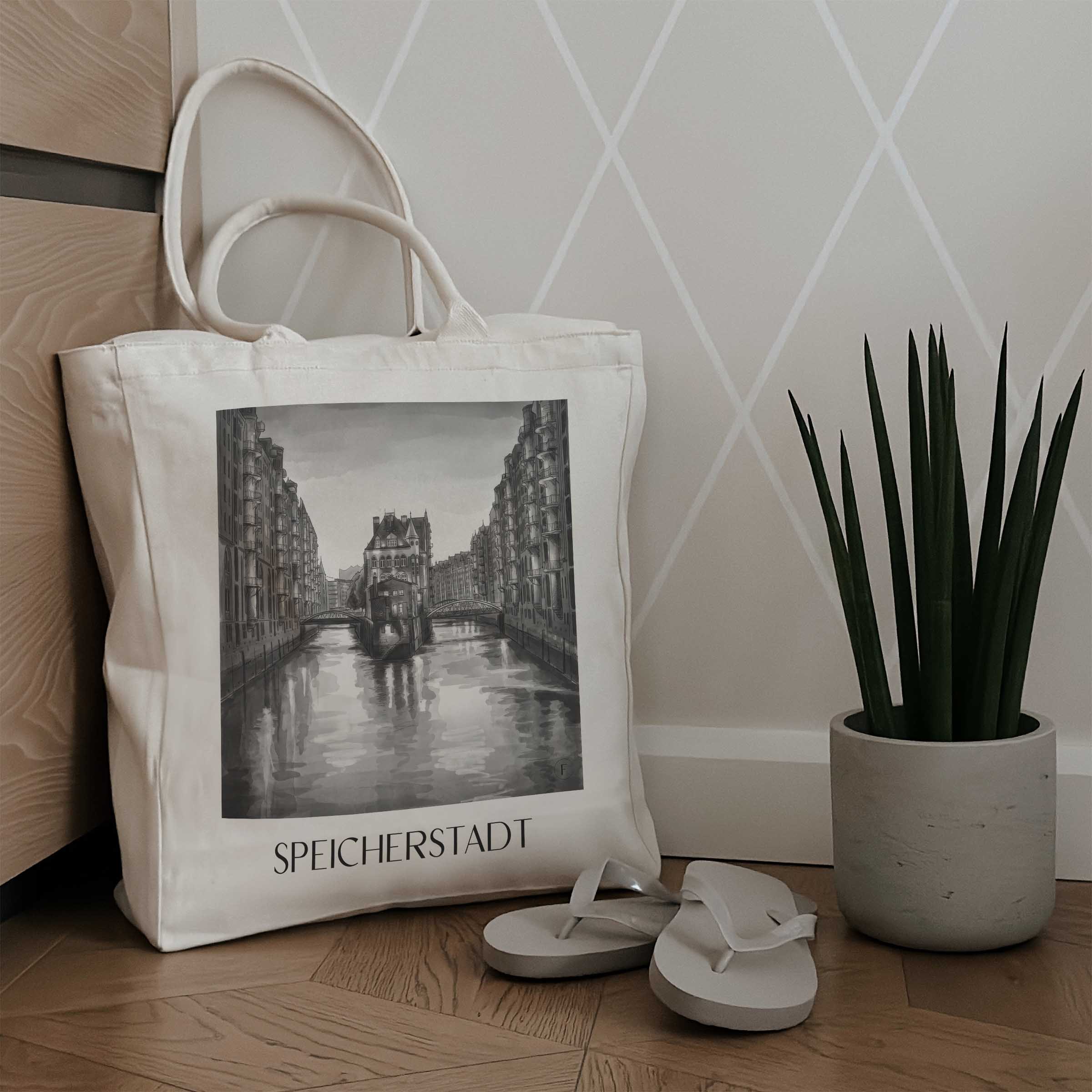 speicherstadt-hamburg-deutschland-einkaufstasche-aquarell-schwarz-weiss