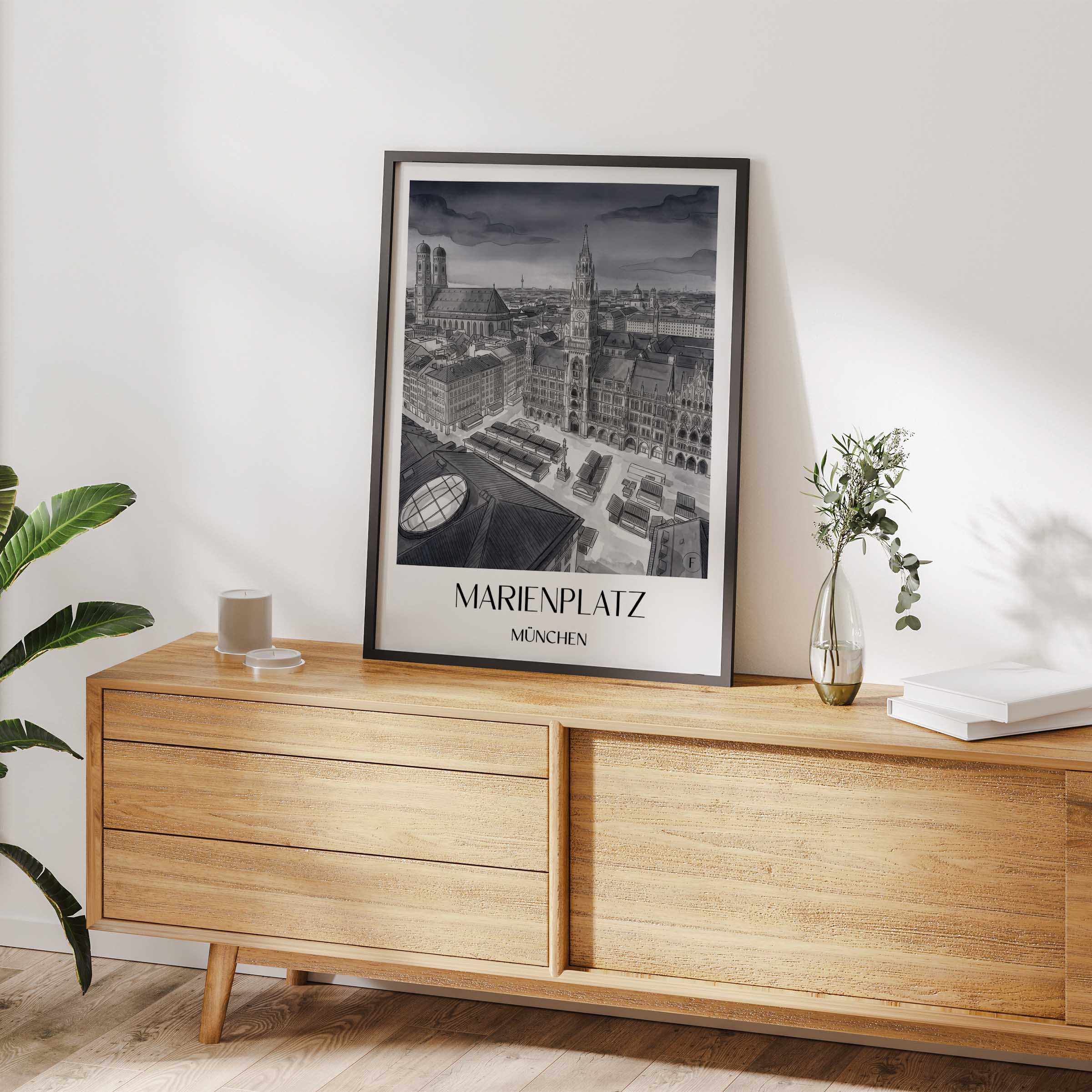 marienplatz-münchen-deutschland-poster-aquarell-schwarz-weiss