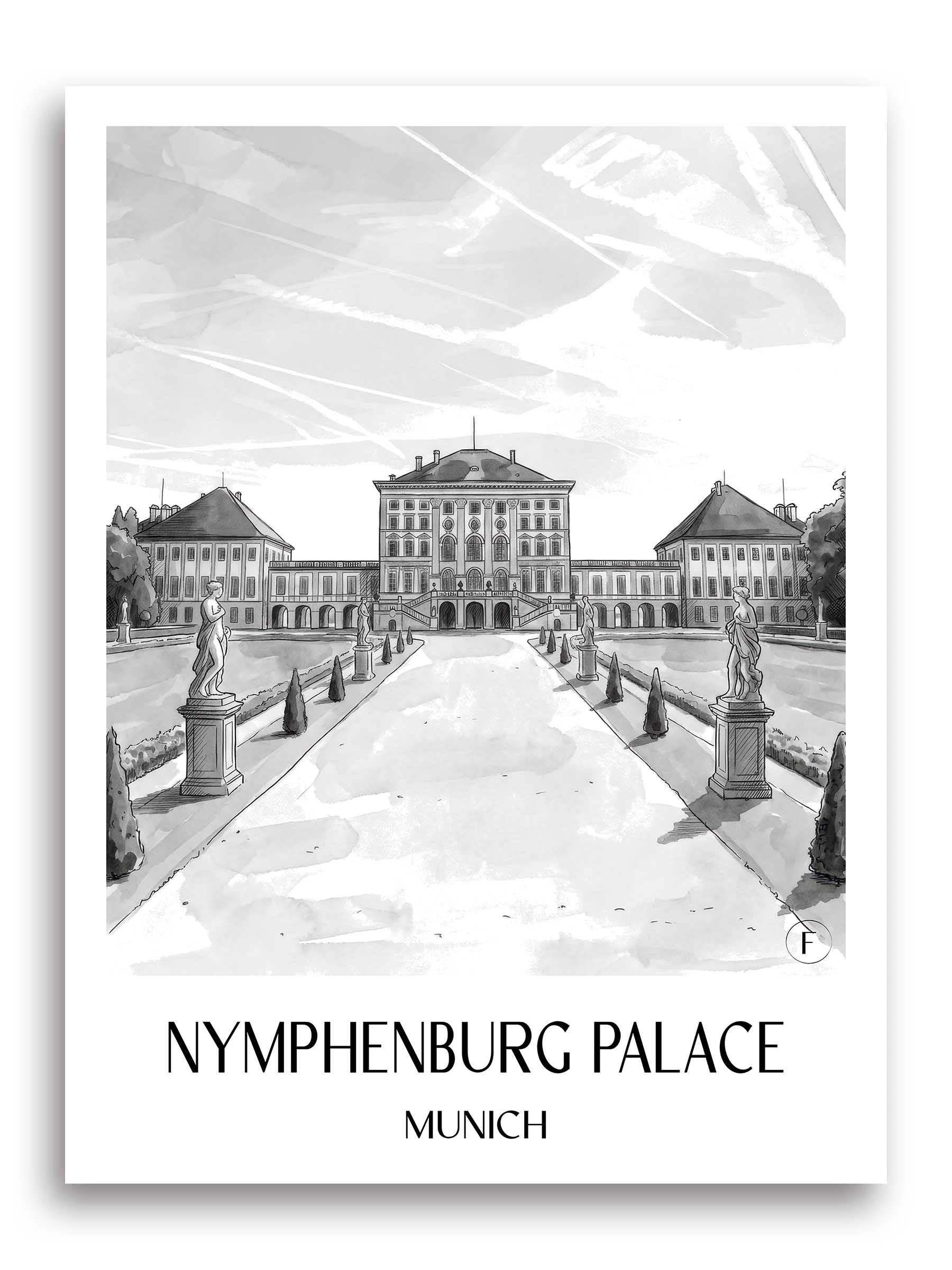 Schloss Nymphenburg Poster - München - Deutschland Kunstdruck - Aquarell Schwarz-Weiß von A4 bis A1