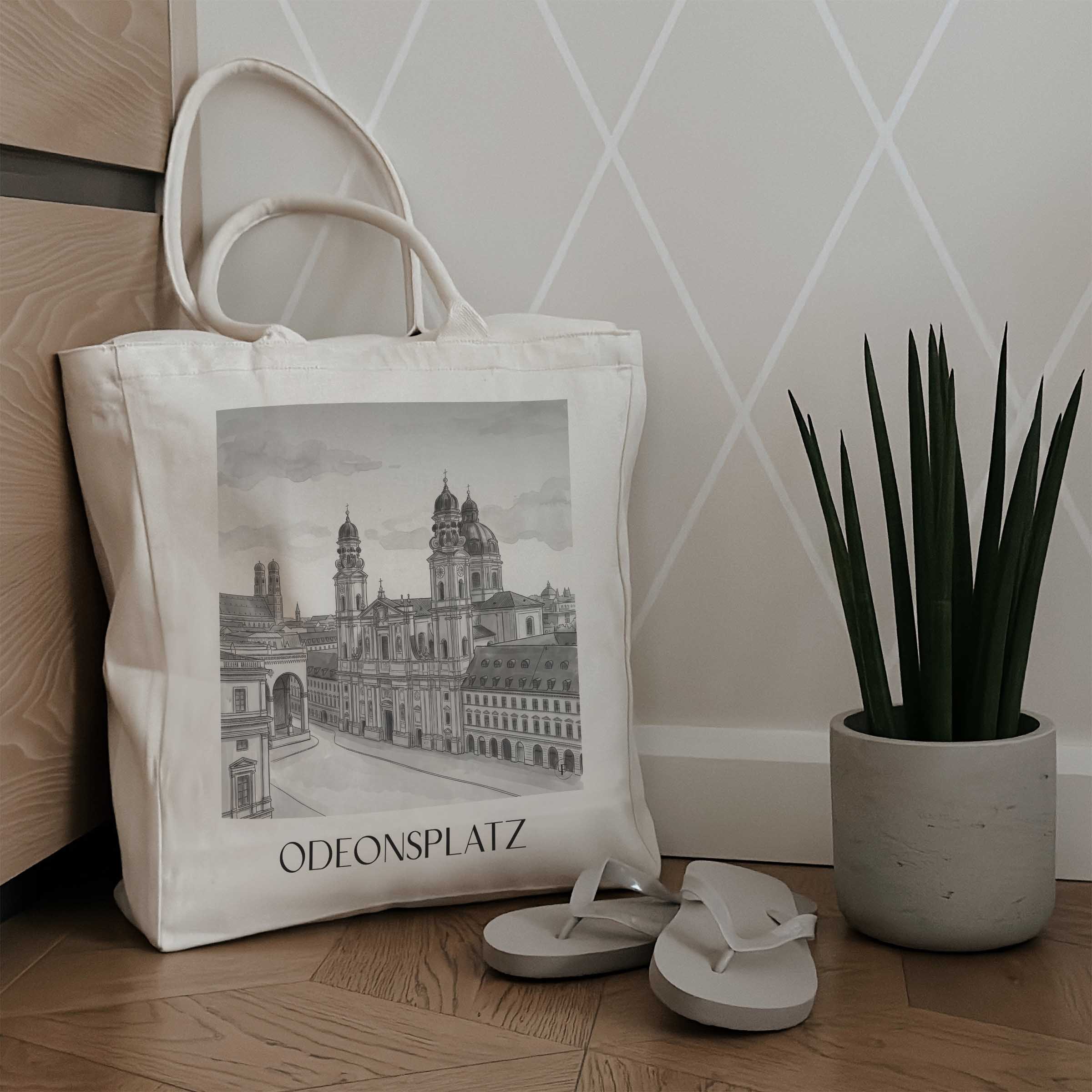 odeonsplatz-münchen-deutschland-einkaufstasche-aquarell-schwarz-weiss