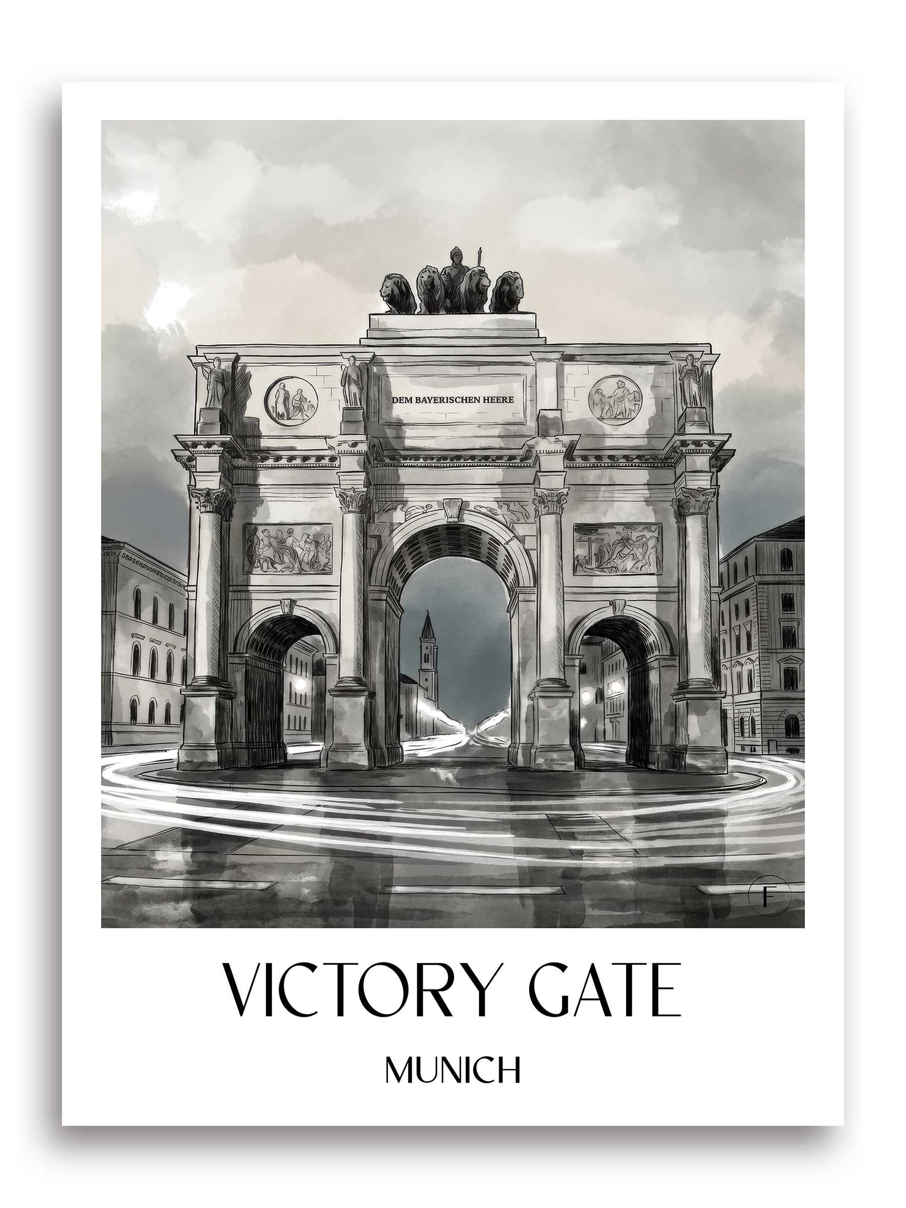 Siegestor Poster - München - Deutschland Kunstdruck - Aquarell Schwarz-Weiß von A4 bis A1