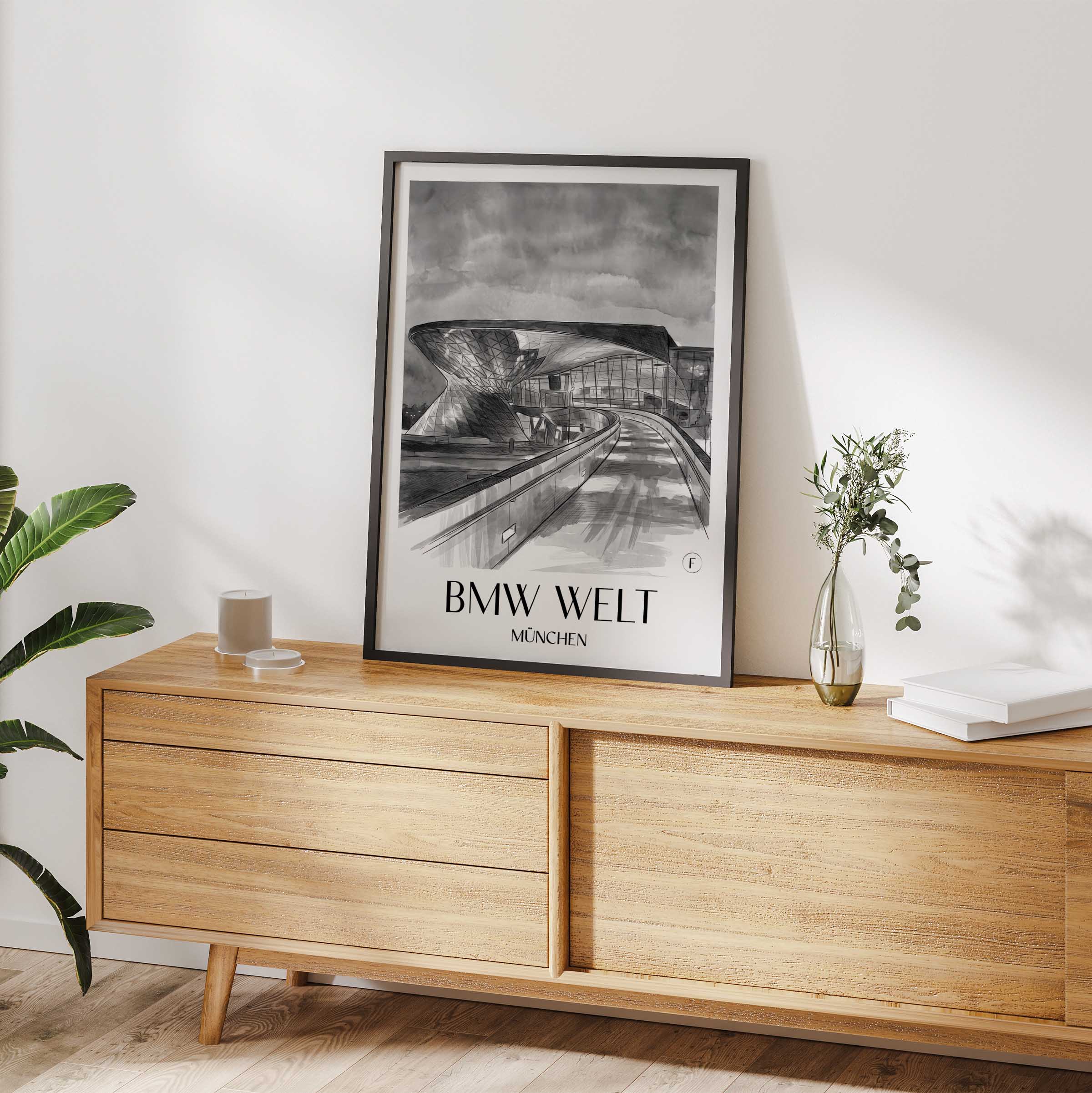 bmw-welt-münchen-deutschland-poster-aquarell-schwarz-weiss