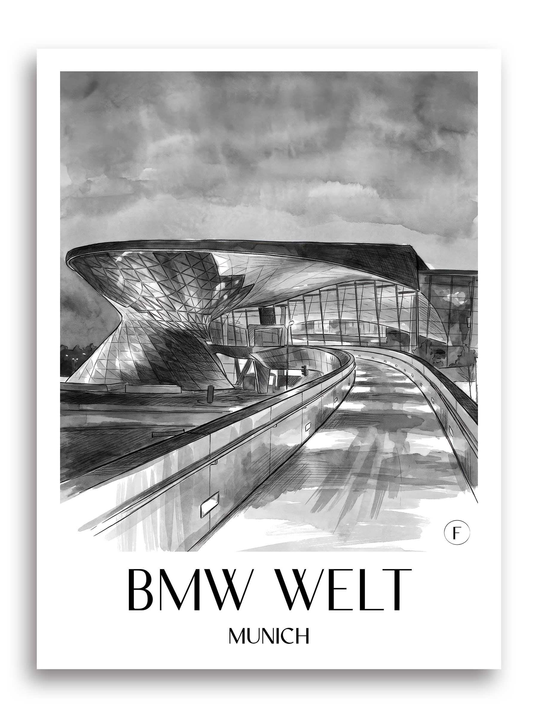 BMW Welt Poster - München - Deutschland Kunstdruck - Aquarell Schwarz-Weiß von A4 bis A1