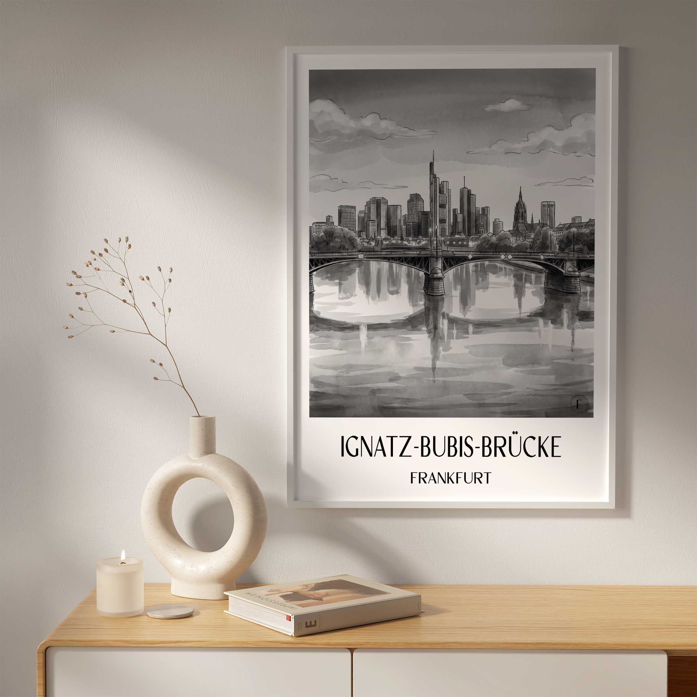 ignatz-bubis-brücke-frankfurt-deutschland-poster-aquarell-schwarz-weiss