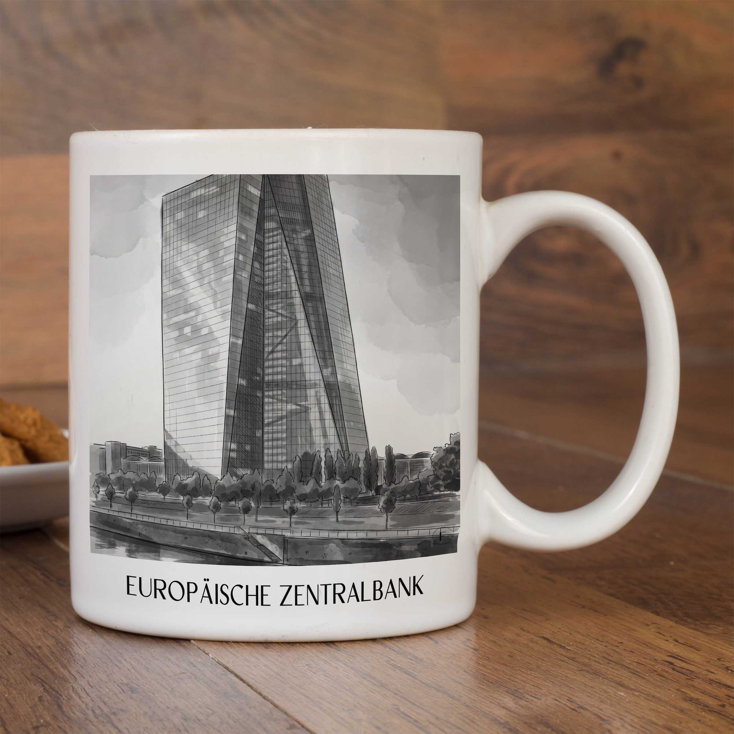 europäische-zentralbank-frankfurt-deutschland-kaffeebecher-aquarell-schwarz-weiss