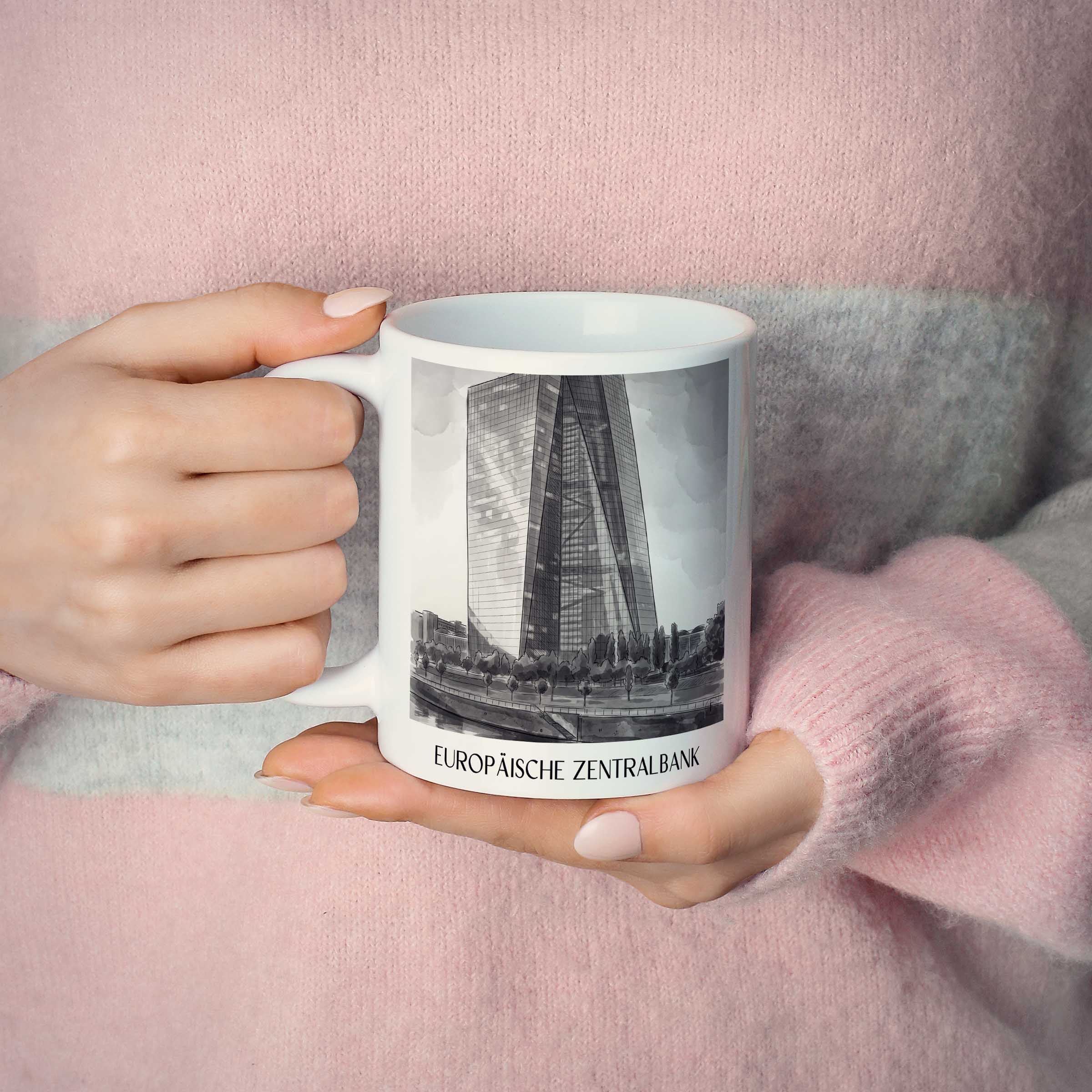 europäische-zentralbank-frankfurt-deutschland-kaffeebecher-aquarell-schwarz-weiss