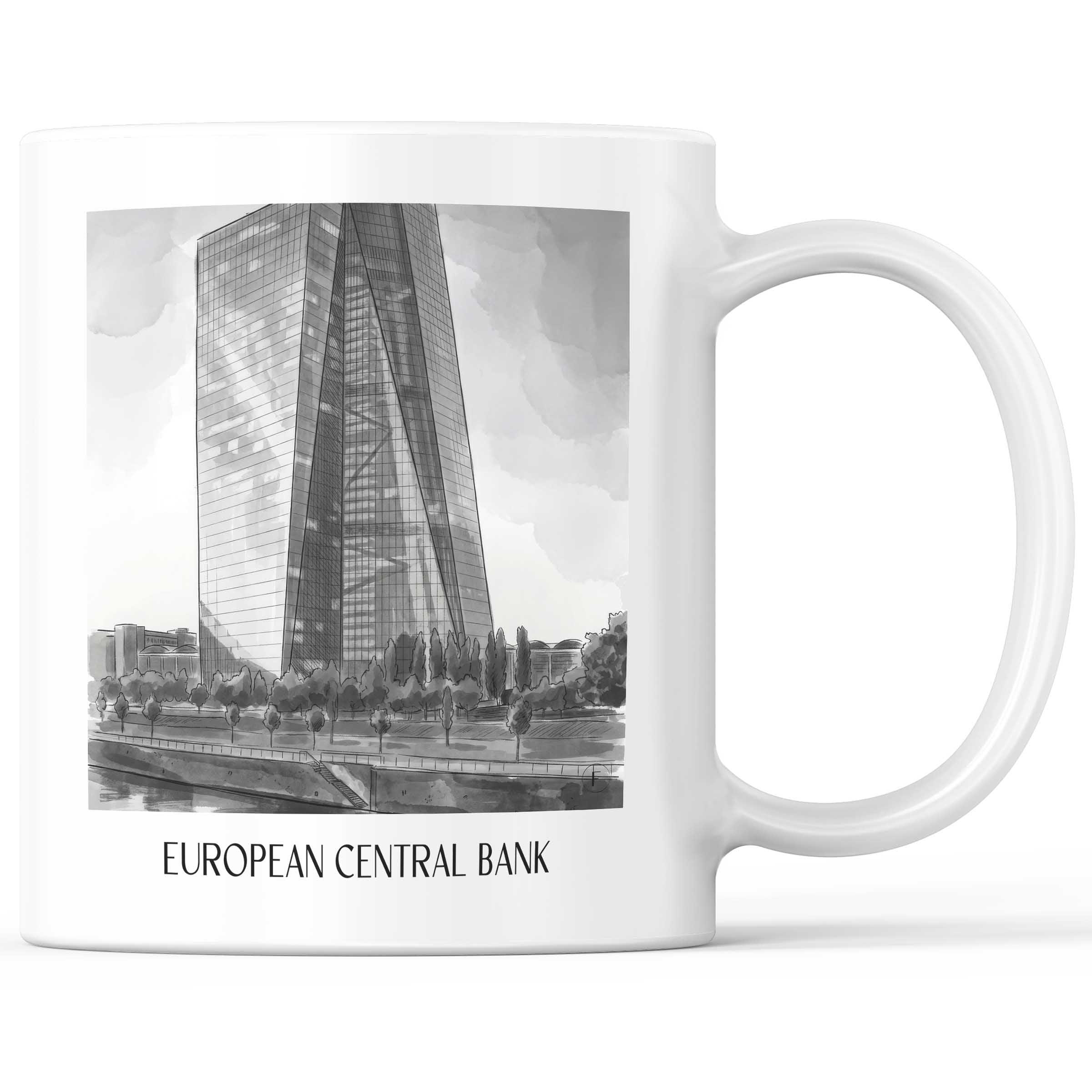 Europäische Zentralbank Kaffeebecher - Frankfurt - Deutschland Becher - Kaffeetasse im Aquarell Schwarz-Weiß Stil