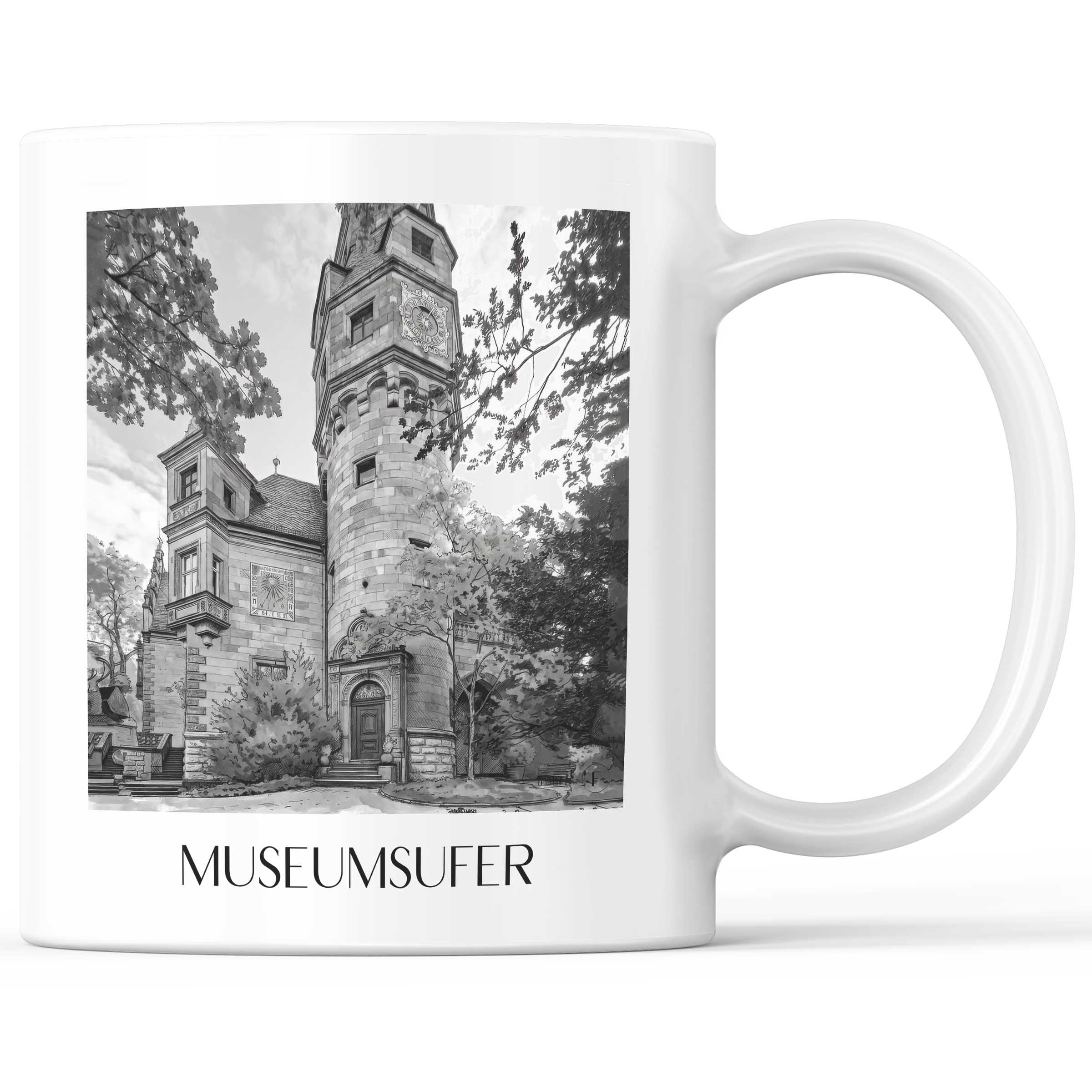 Museumsufer Kaffeebecher - Frankfurt - Deutschland Becher - Kaffeetasse im Aquarell Schwarz-Weiß Stil