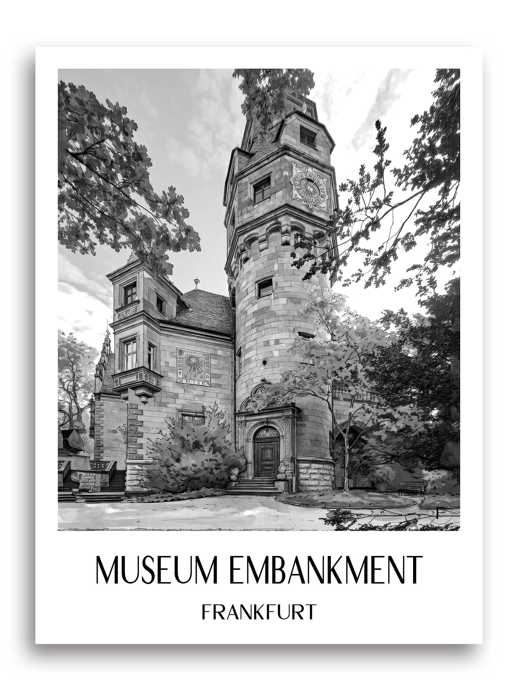 Museumsufer Poster - Frankfurt - Deutschland Kunstdruck - Aquarell Schwarz-Weiß von A4 bis A1