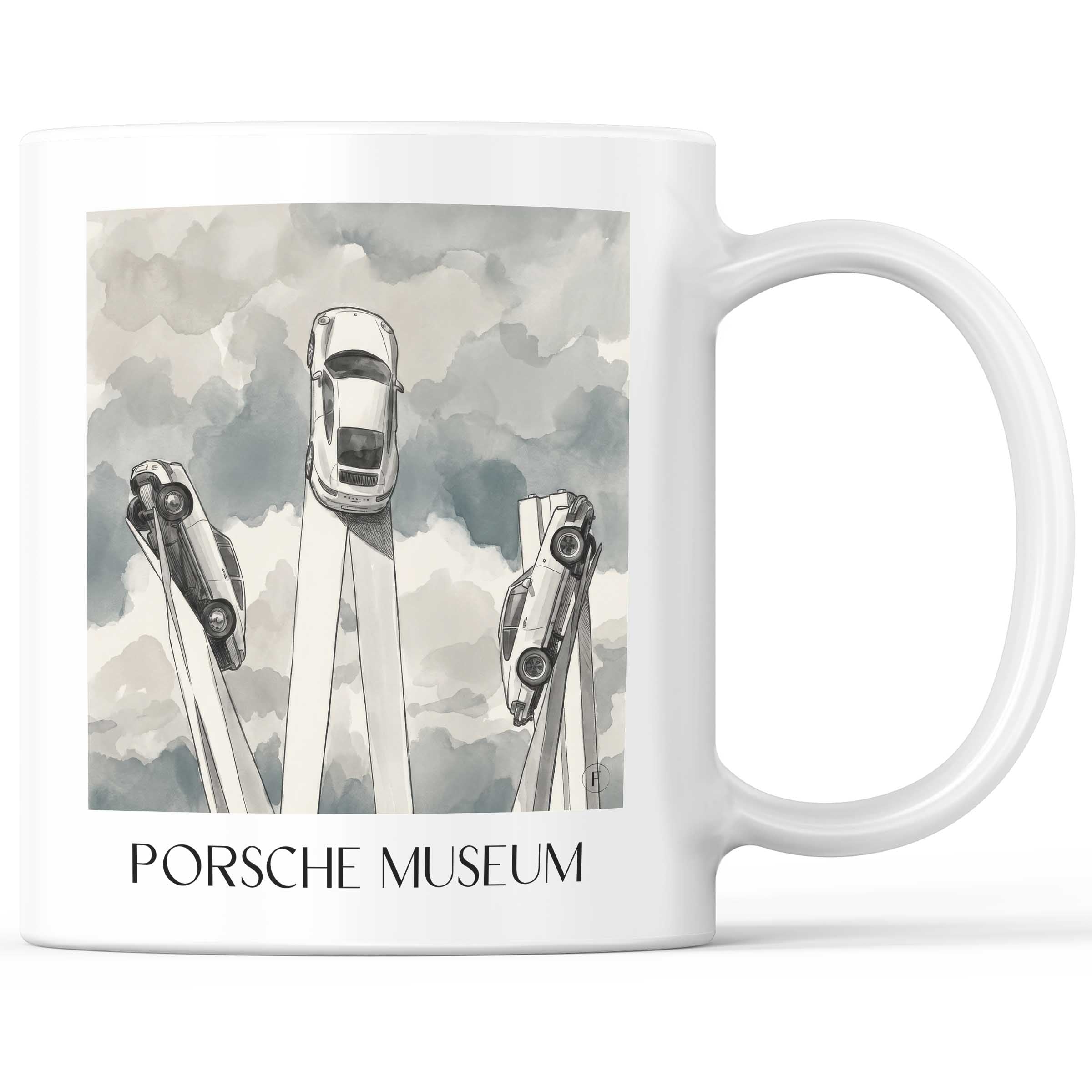Porsche Museum Kaffeebecher - Stuttgart - Deutschland Becher - Kaffeetasse im Aquarell Schwarz-Weiß Stil