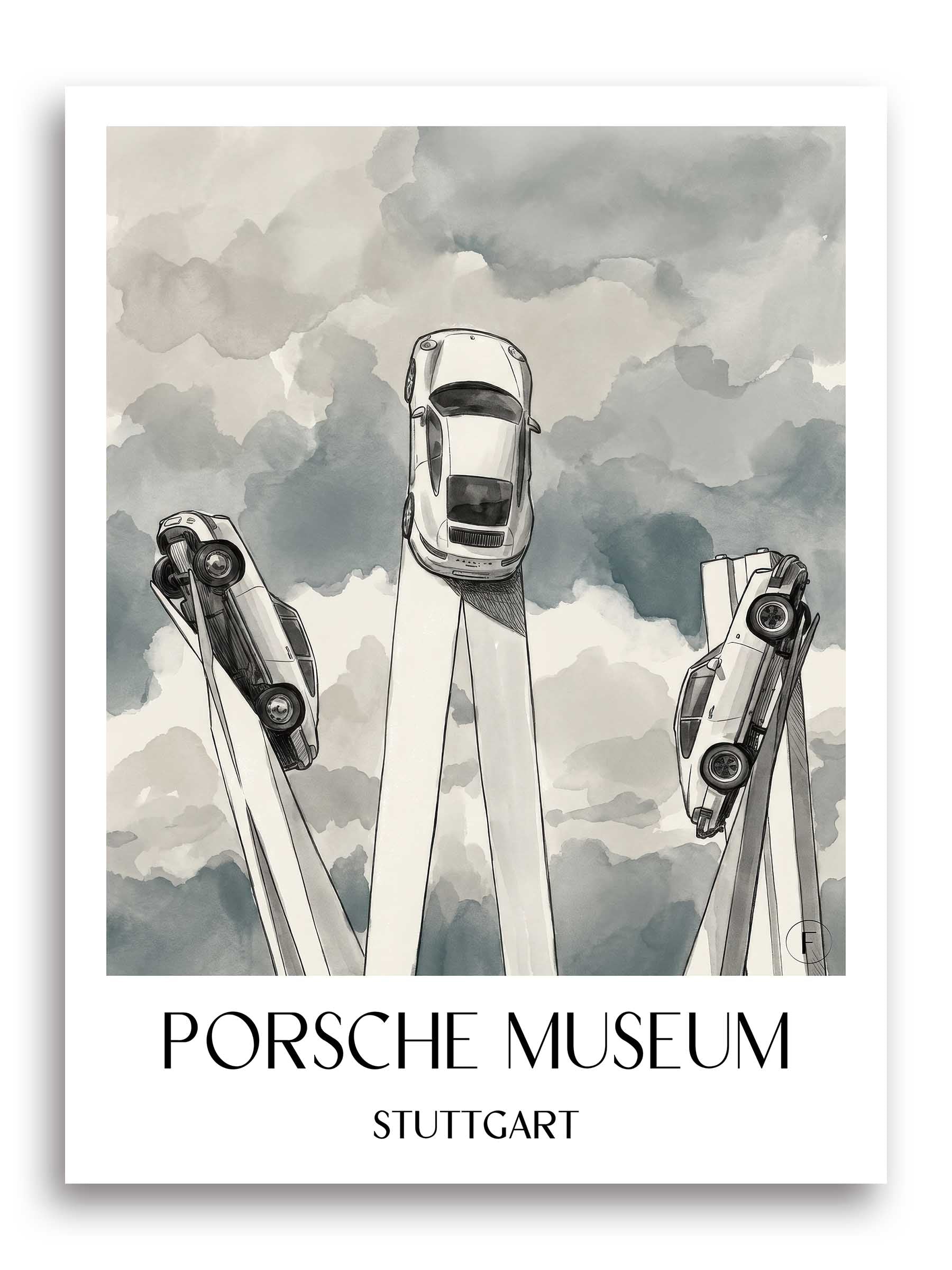 Porsche Museum Poster - Stuttgart - Deutschland Kunstdruck - Aquarell Schwarz-Weiß von A4 bis A1