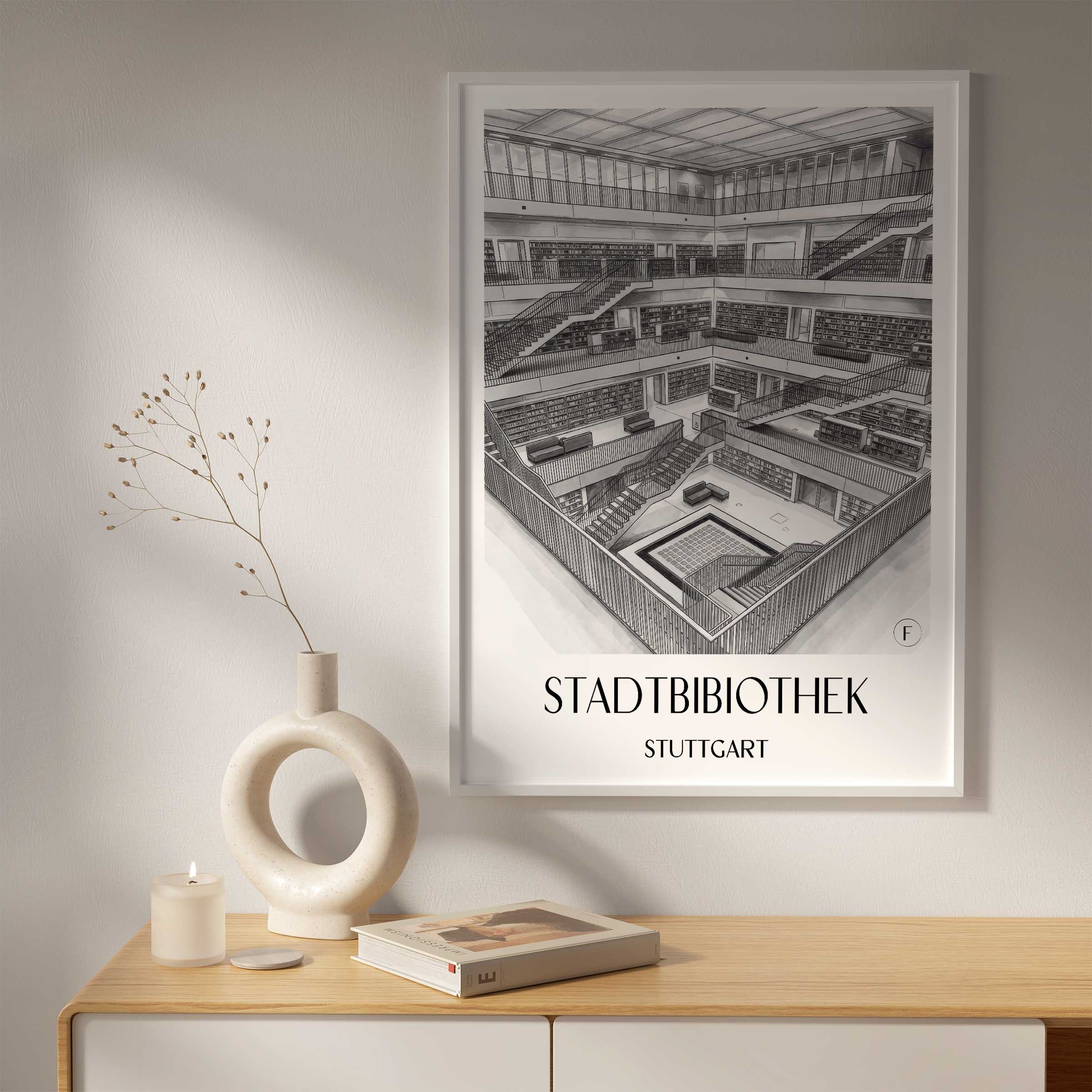stadtbibiothek-stuttgart-deutschland-poster-aquarell-schwarz-weiss
